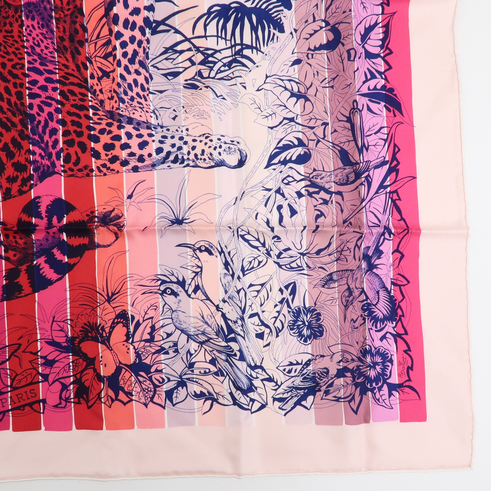 HERMES Carre 90 Silk 100% Scarf JUNGLE LOVE Stripe Pink Red Purple
