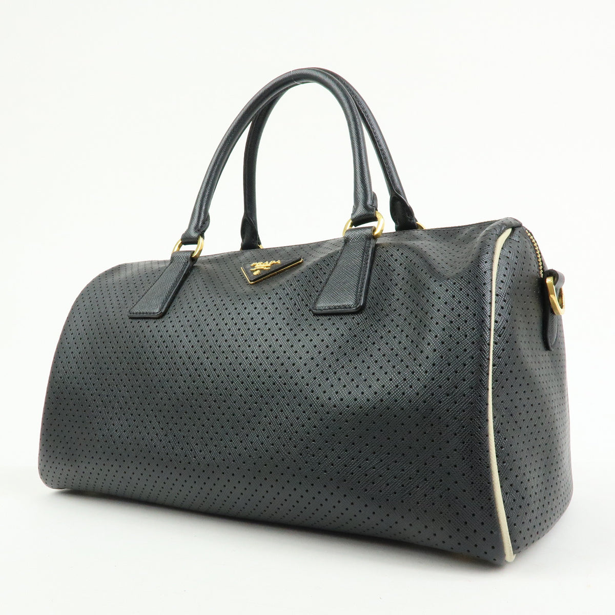 PRADA Triangle Logo Perforated Saffiano Leather 2Way Boston Bag Black