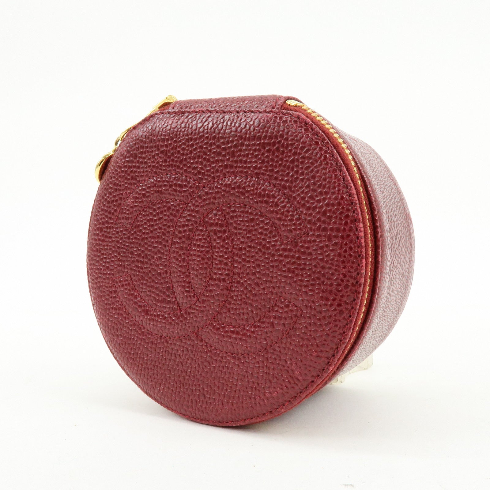 CHANEL COCO Mark Caviarskin Cosmetic Pouch Jewelry Case Bourdeaux Gold