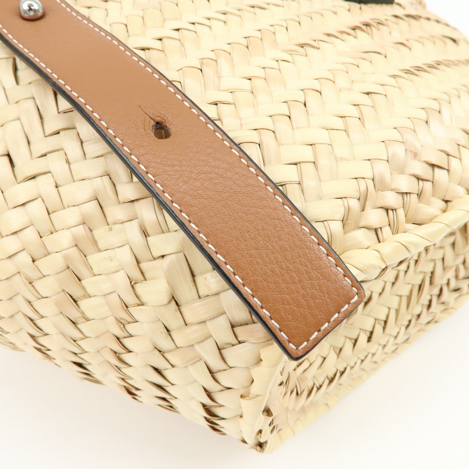 LOEWE  Raffia Leather Basket Bag Hand Bag Natural Tan