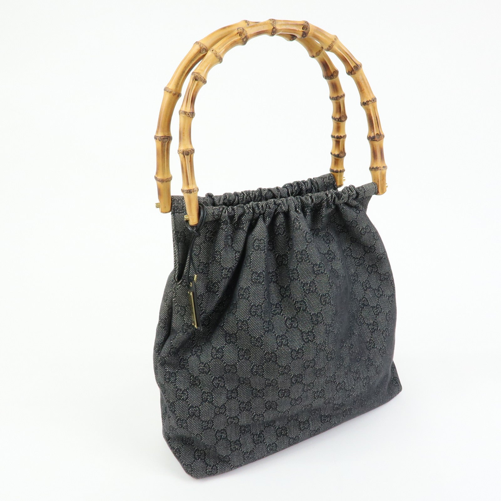 GUCCI Bamboo GG Monogram Denim Shoulder Bag Hand Bag Black 92709