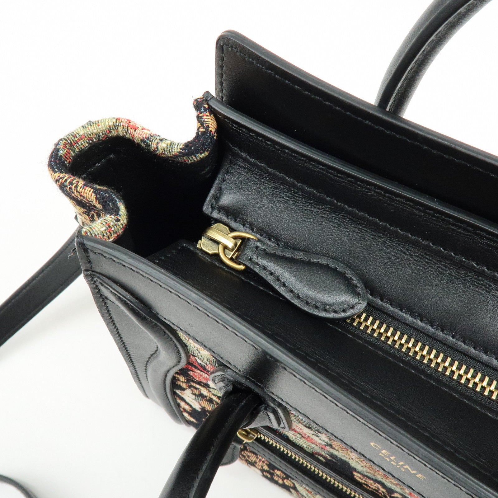 CELINE Luggage Jaquard Canvas Leathre Flower 2Way Shoulder Bag Black