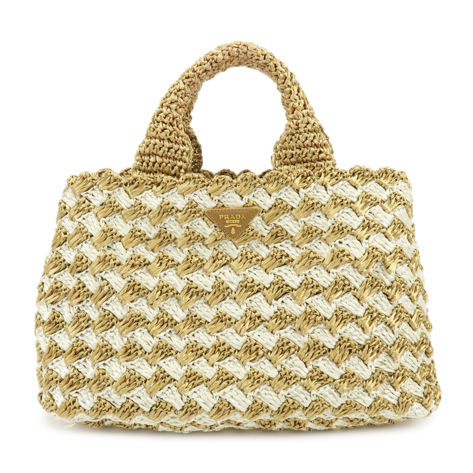 PRADA Traingle Logo Canapa Raffia Tote Bag Hand Bag Natural White