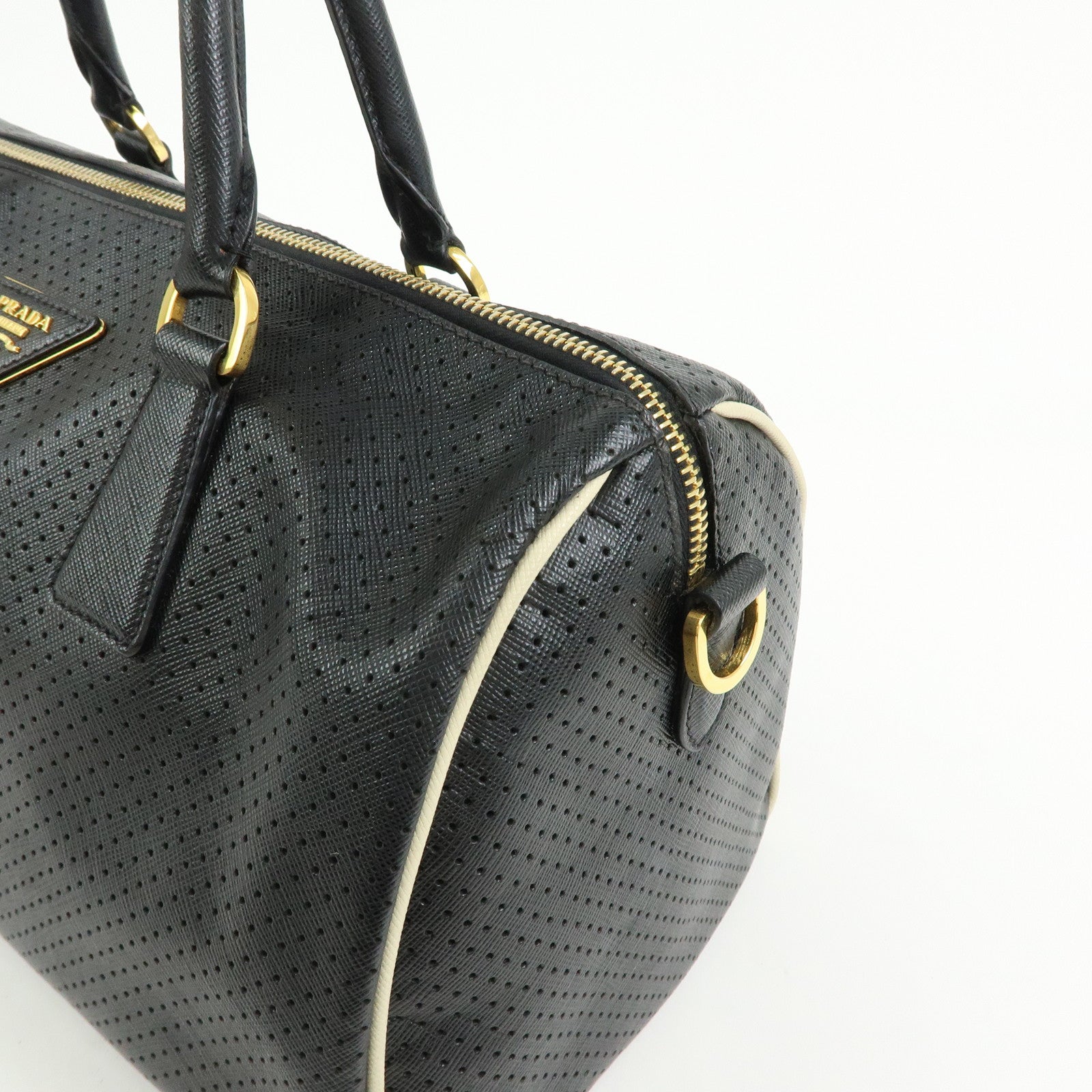 PRADA Triangle Logo Perforated Saffiano Leather 2Way Boston Bag Black