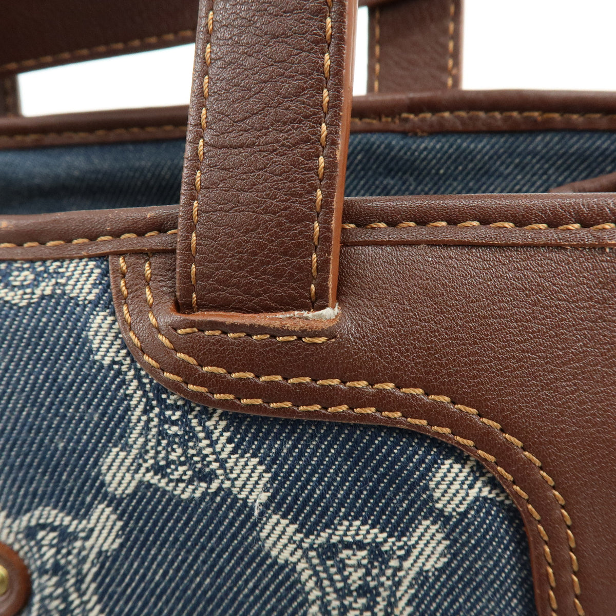 CELINE Paris Macadam Denim Leather Mini Tote Hand Bag Navy Brown