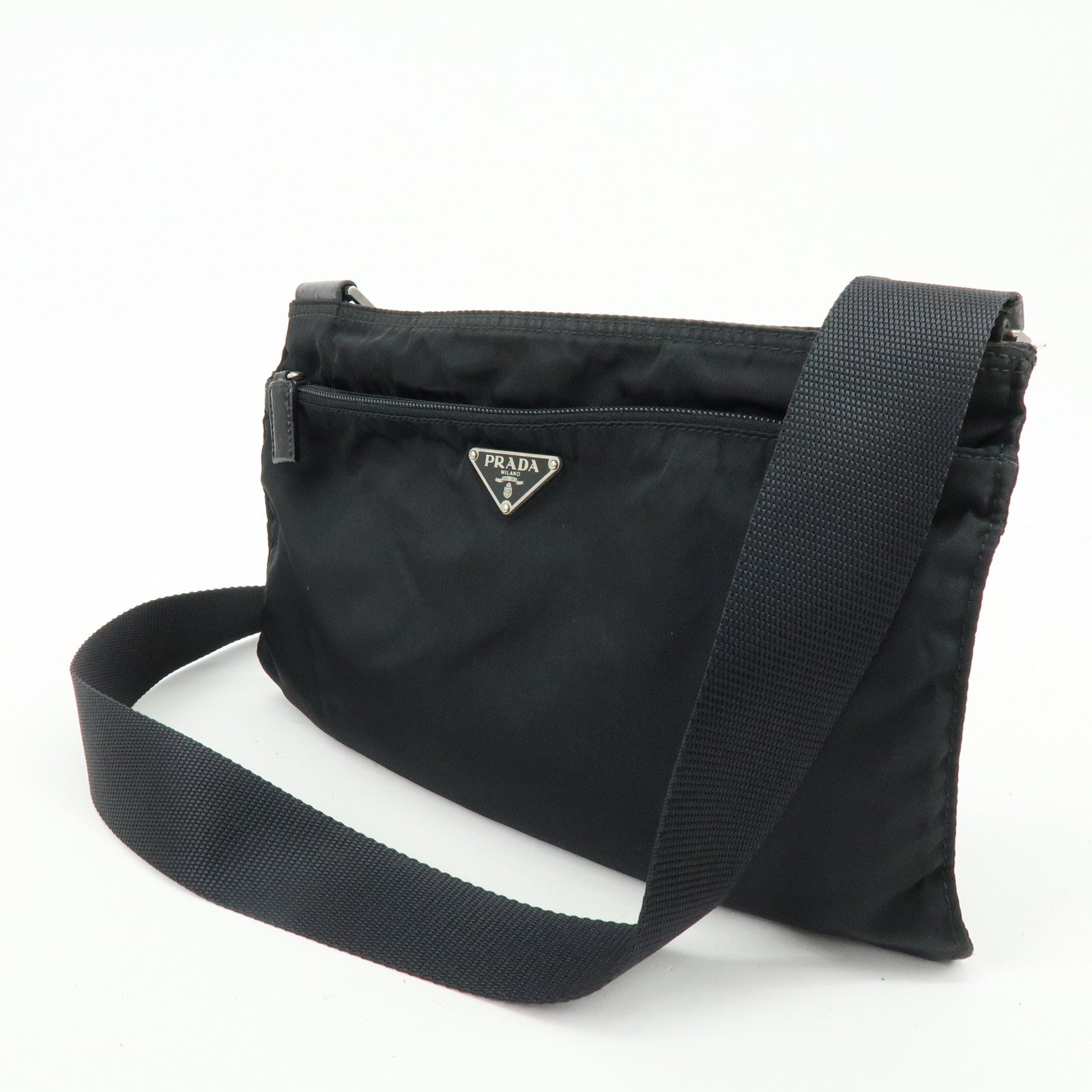 PRADA Triangle Logo Nylon Leather Shoulder Crossbody Bag Black