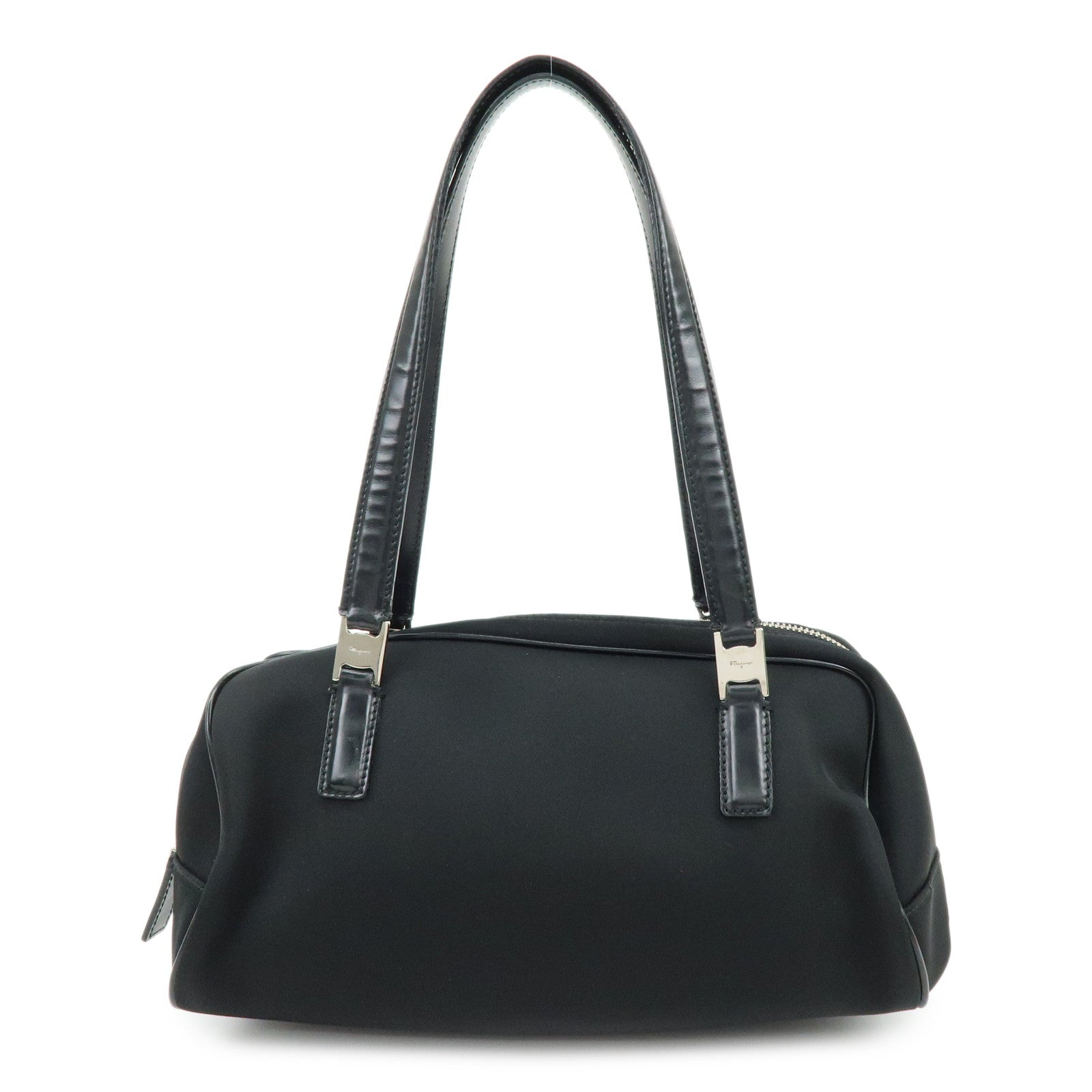 Ferragamo Nylon Leather Hand Bag Mini Boston Bag Black