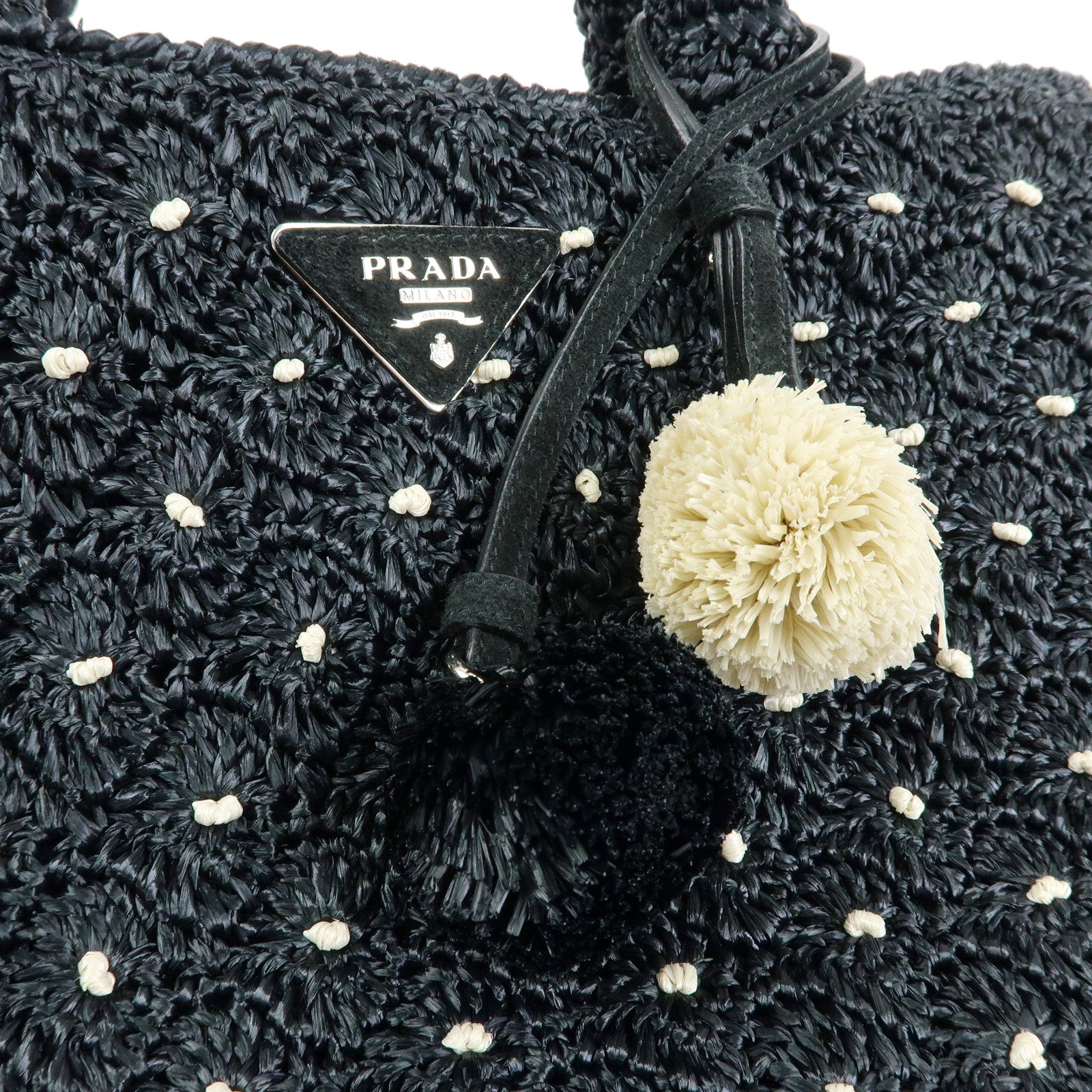 PRADA Triangle Logo Raffia 2Way Bag Hand Bag Shoulder Bag Black 1BG889