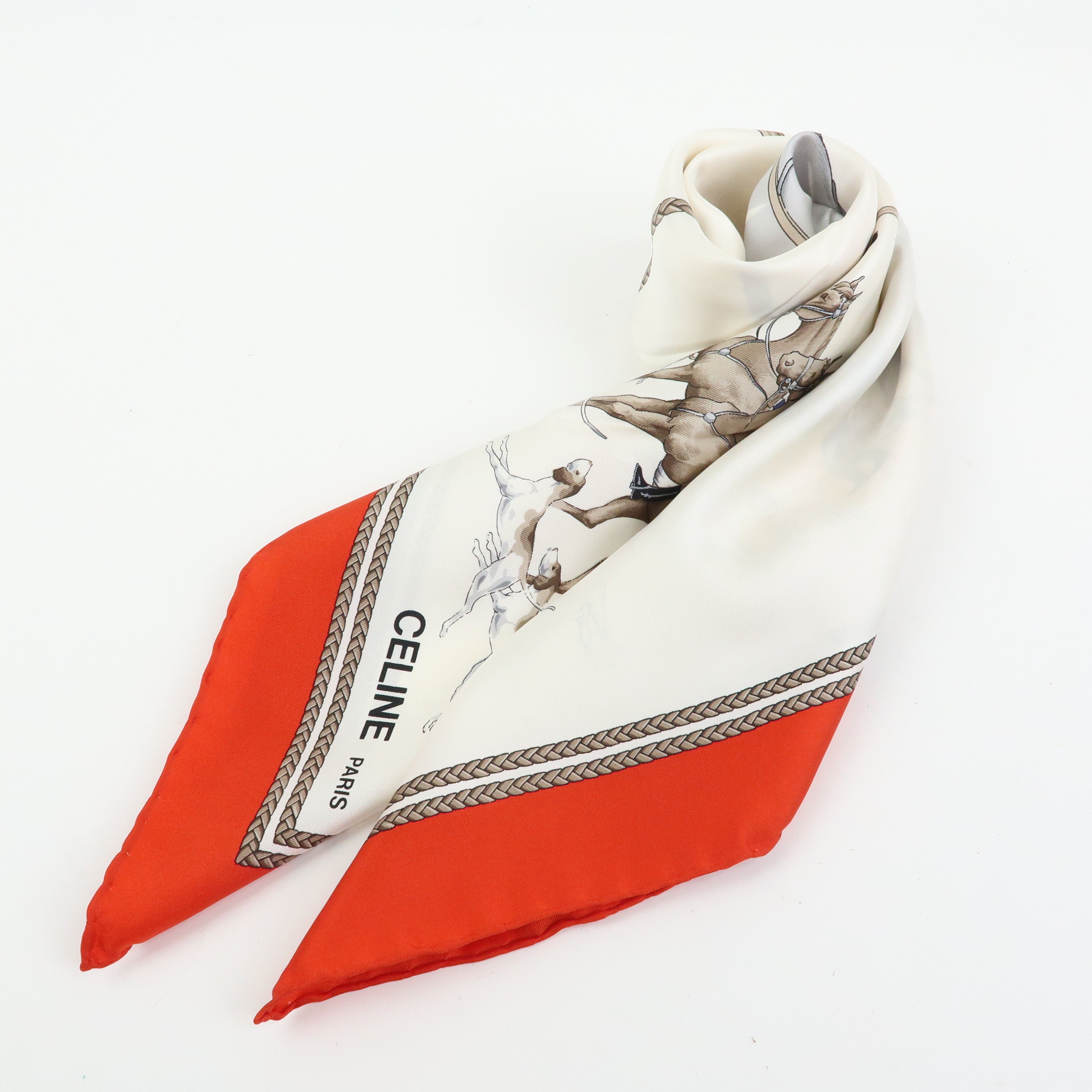 CELINE Silk 100% Scarf Hunting Hounds Horseback Riders Red White