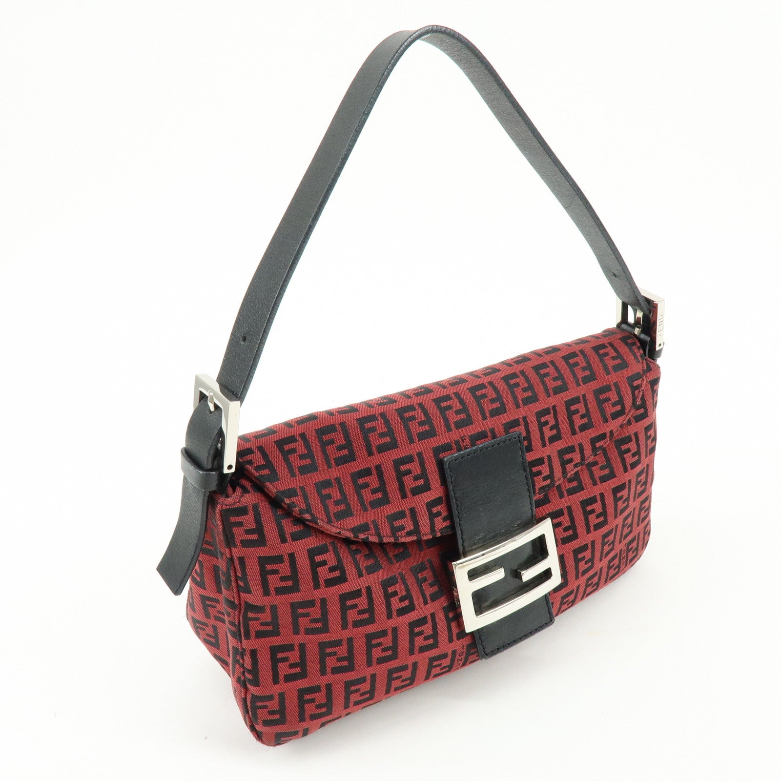 FENDI Mamma Baguette Zucchino Canvas Leather Shoulder Bag Red 8BR003