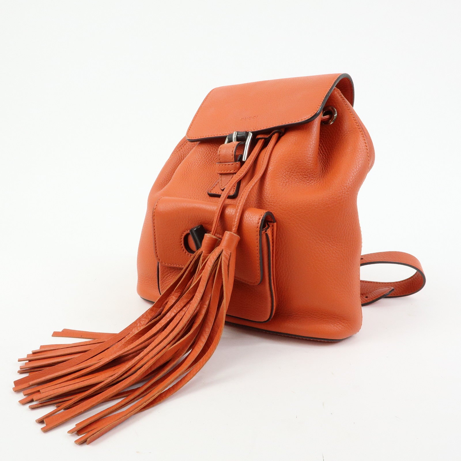 GUCCI Bamboo Leather Backpack Rucksack Tassel Strap Orange 387149