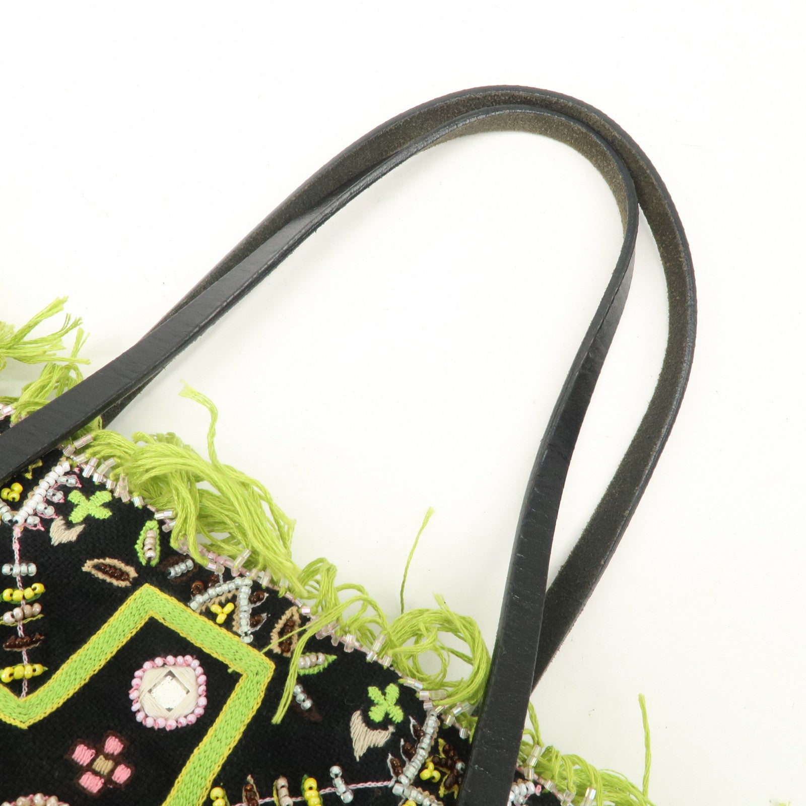 FENDI Canvas Leather Beaded Embroidery Tote Bag Hand Bag Black Used