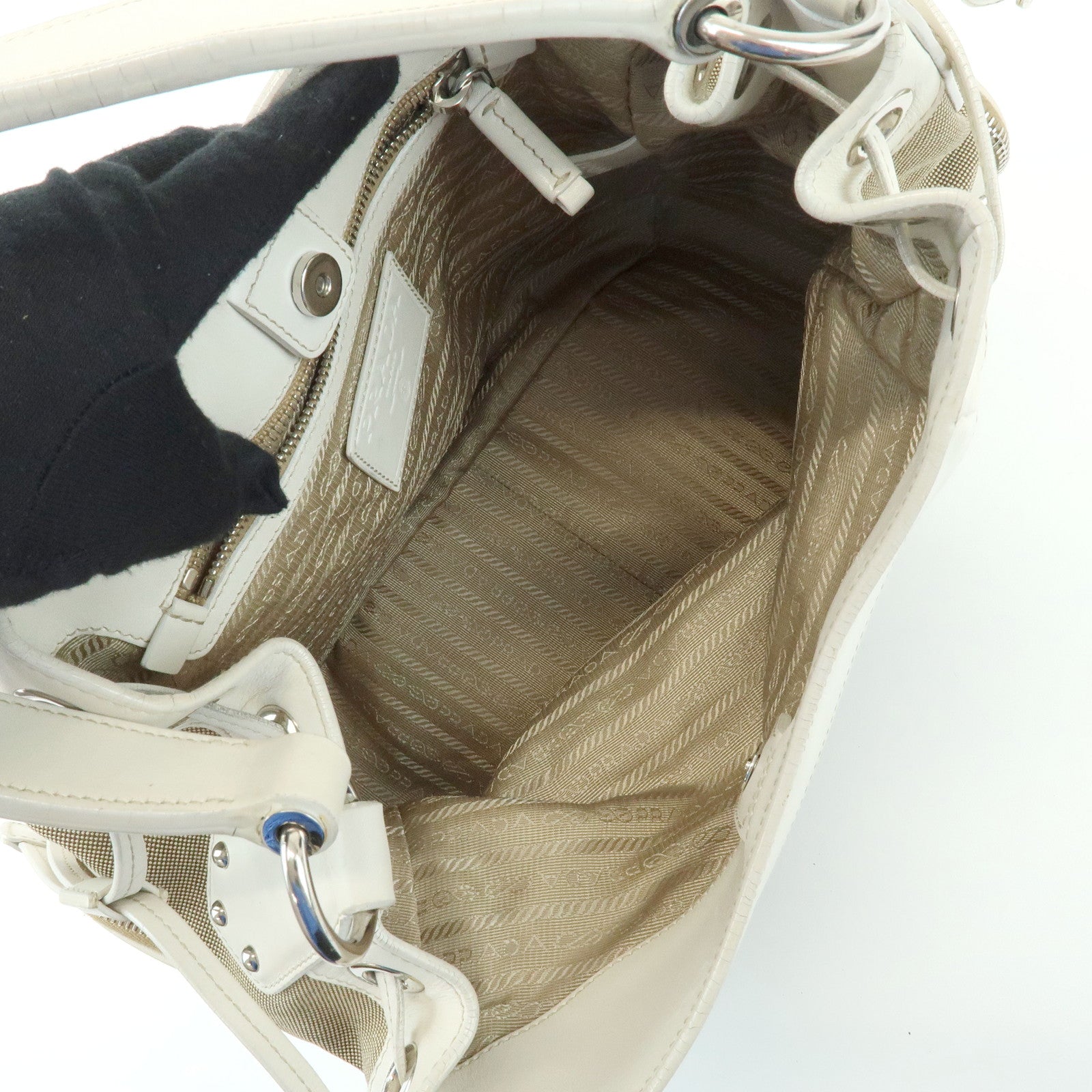PRADA Triangle Logo Nylon Jacquard Leather Shoudler Bag Beige Ivory