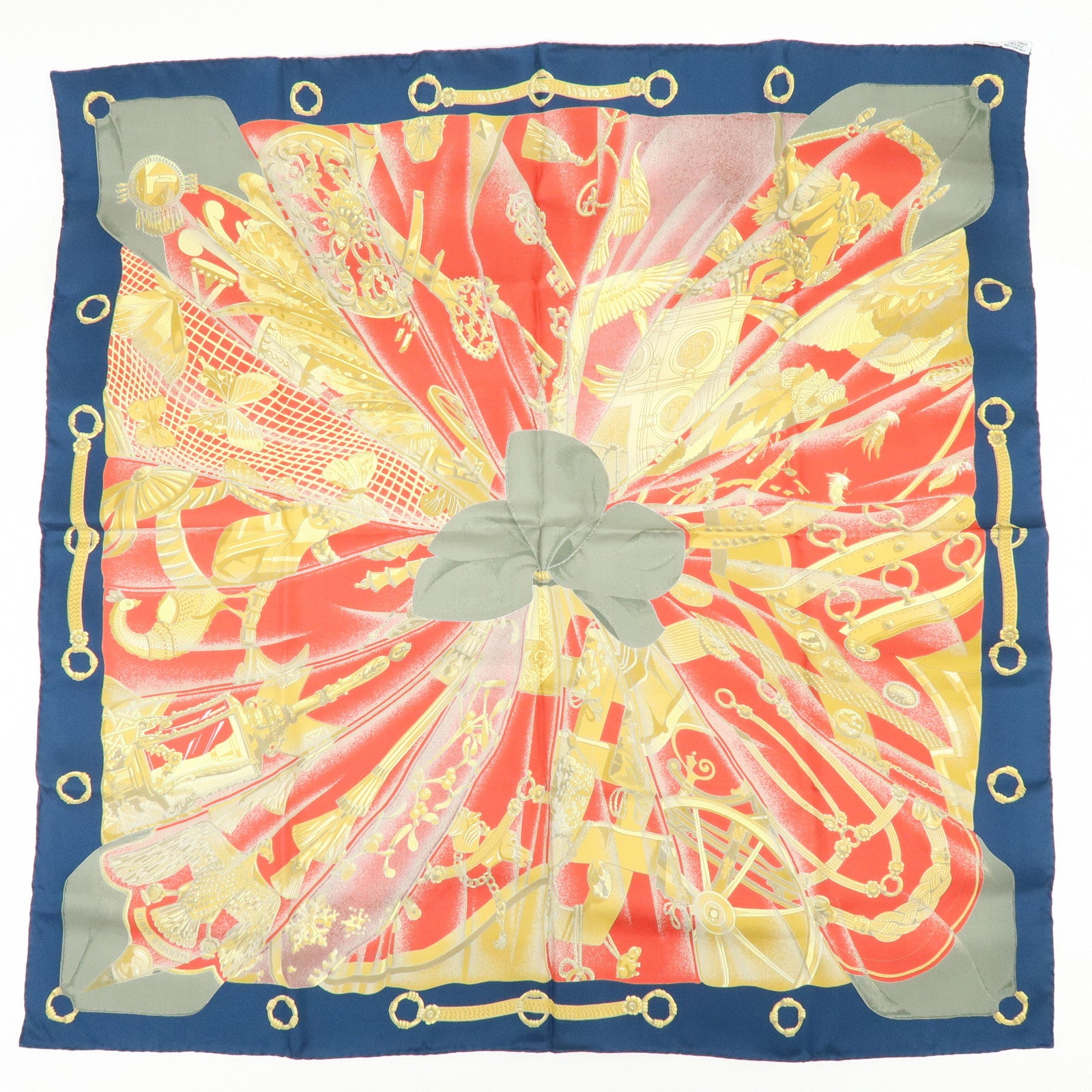 HERMES Carre 90 Silk 100% Scarf Soleil de Soie  Red Navy Gold