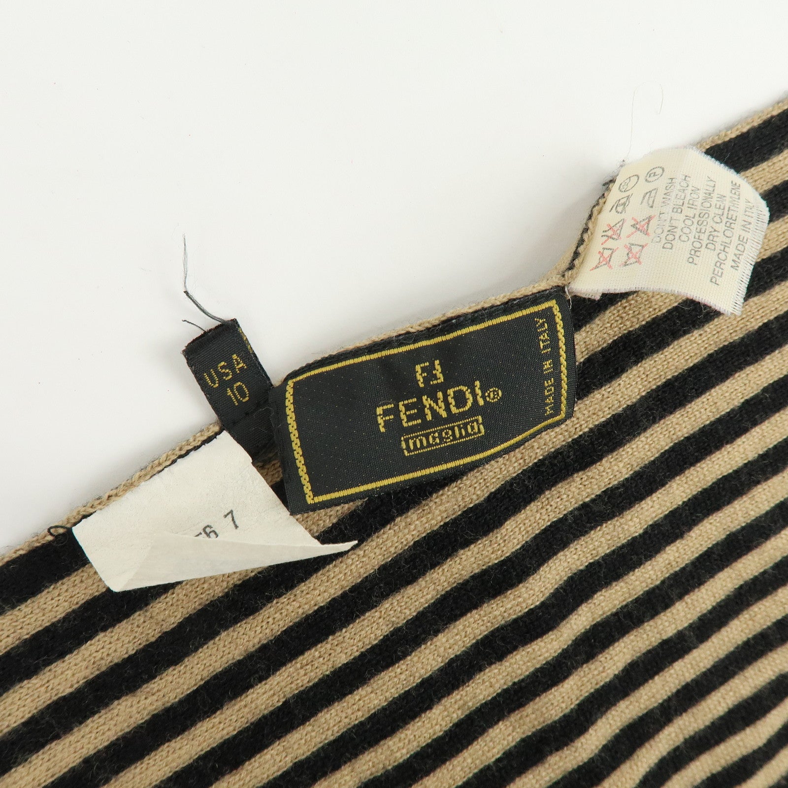 FENDI Zucca FF Logo Wool 100% Scarf Stole Stripe Beige Black