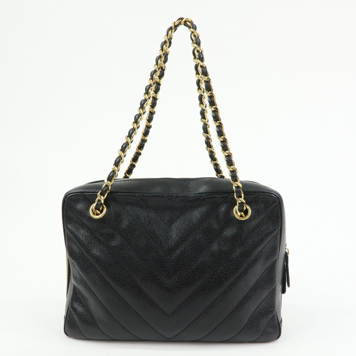 CHANEL Chevron COCO Mark Caviarskin Chain Shoulder Bag  Black