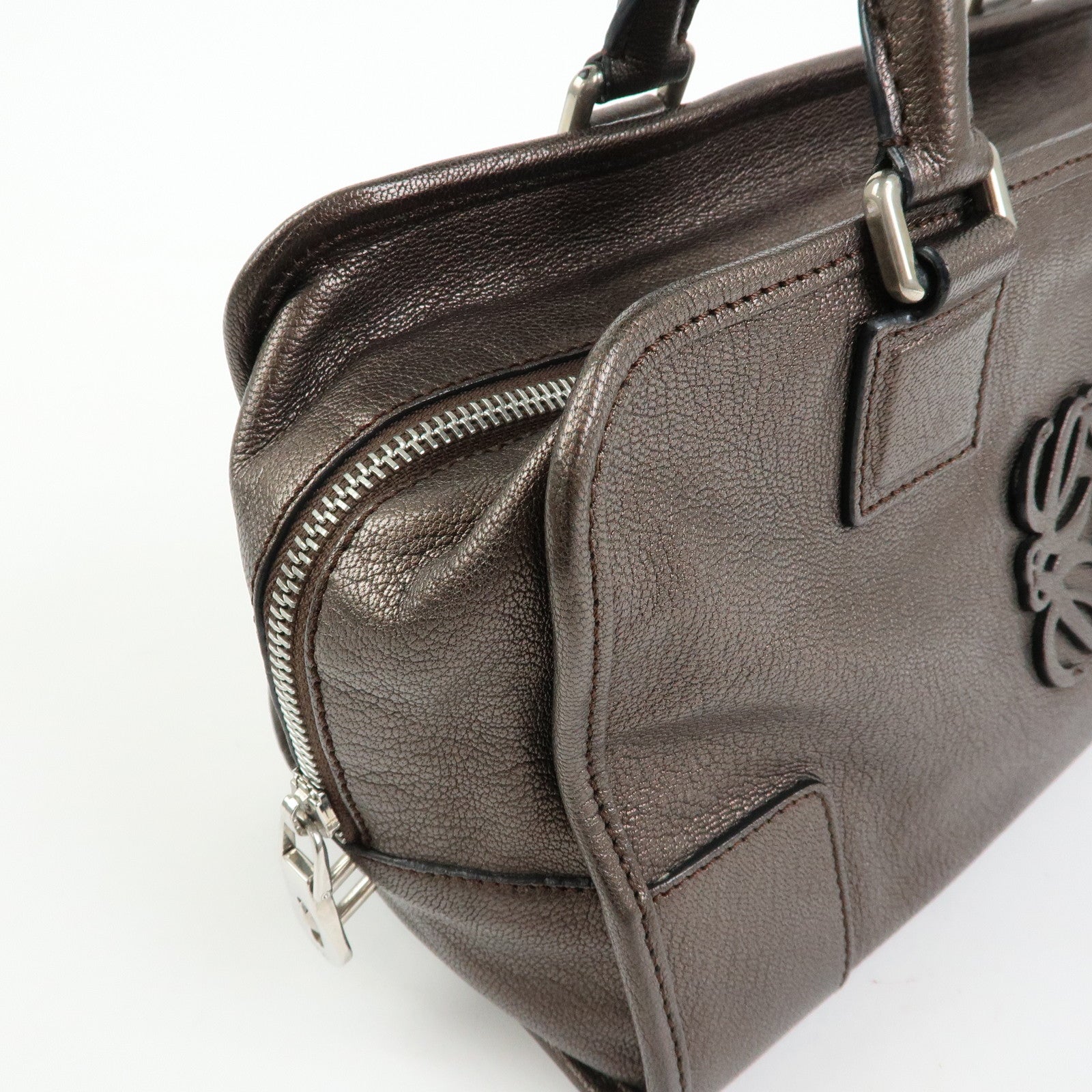 LOEWE Anagram Amazona 28 Leather Hand Bag Boston Bag Metallic Brown