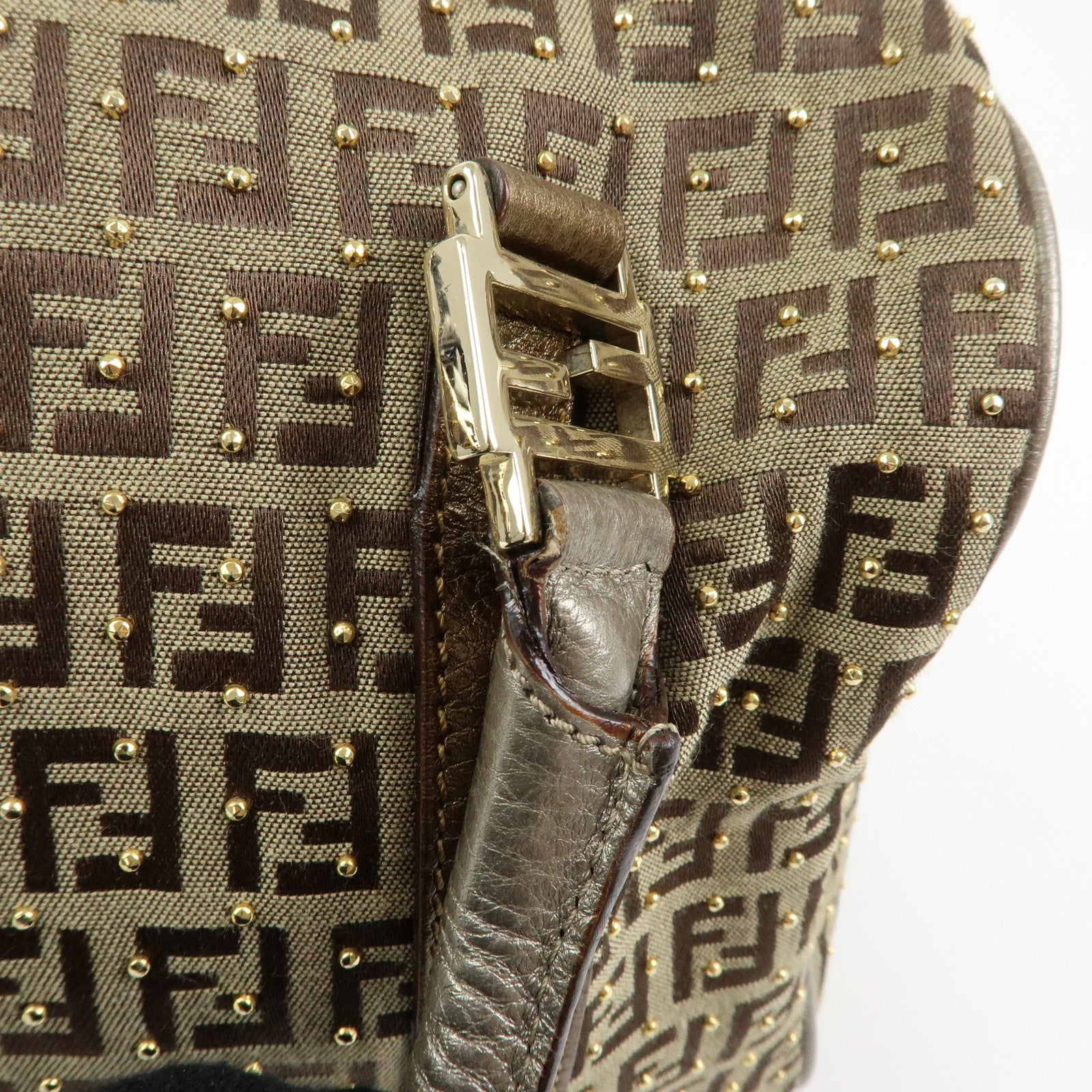 FENDI Zucchino Canvas Leather Boston Bag Hand Bag Beige Gold 8BL068