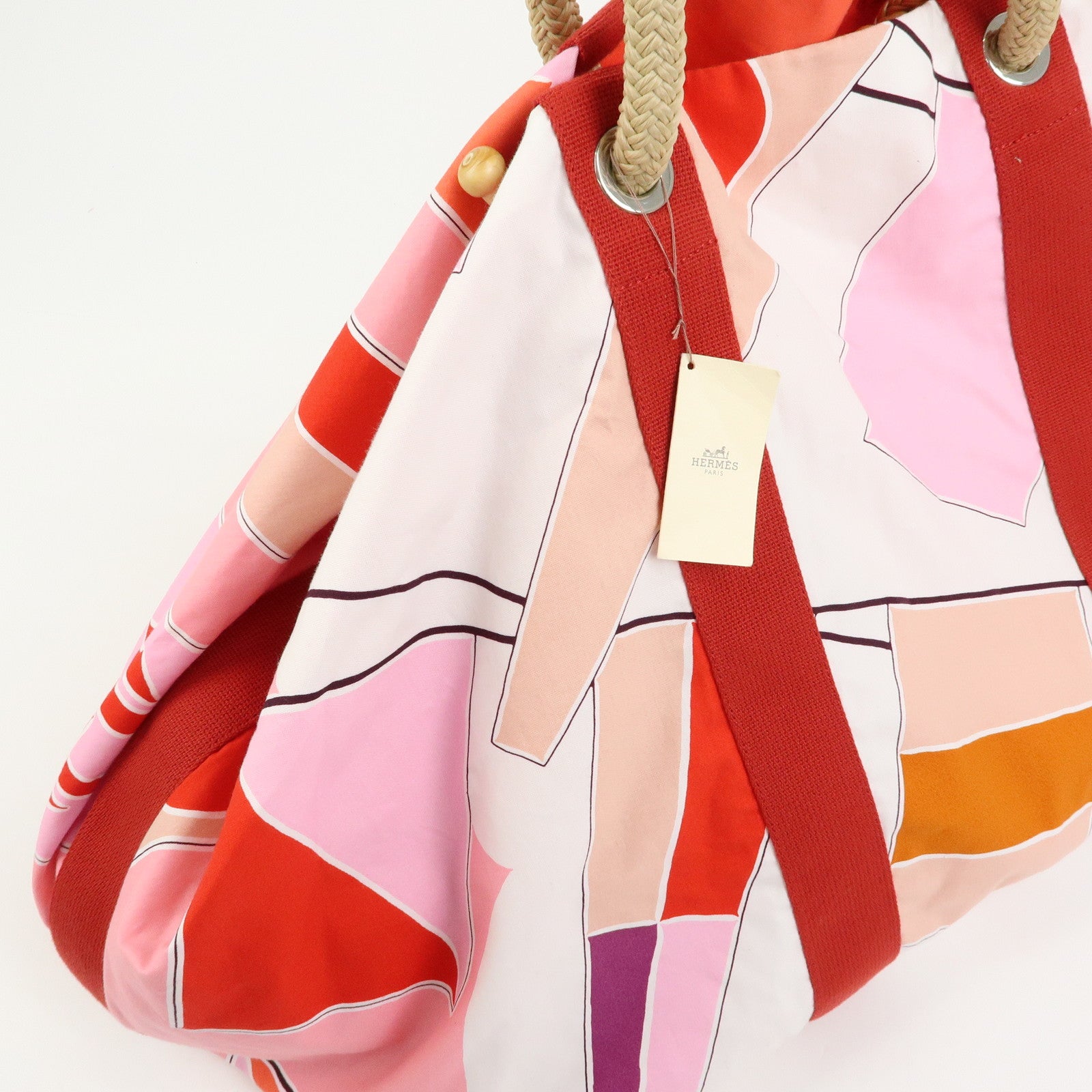 HERMES Cabas Drapeaux Au Vent Cotton Beach Bag Tote Bag Pink Red White