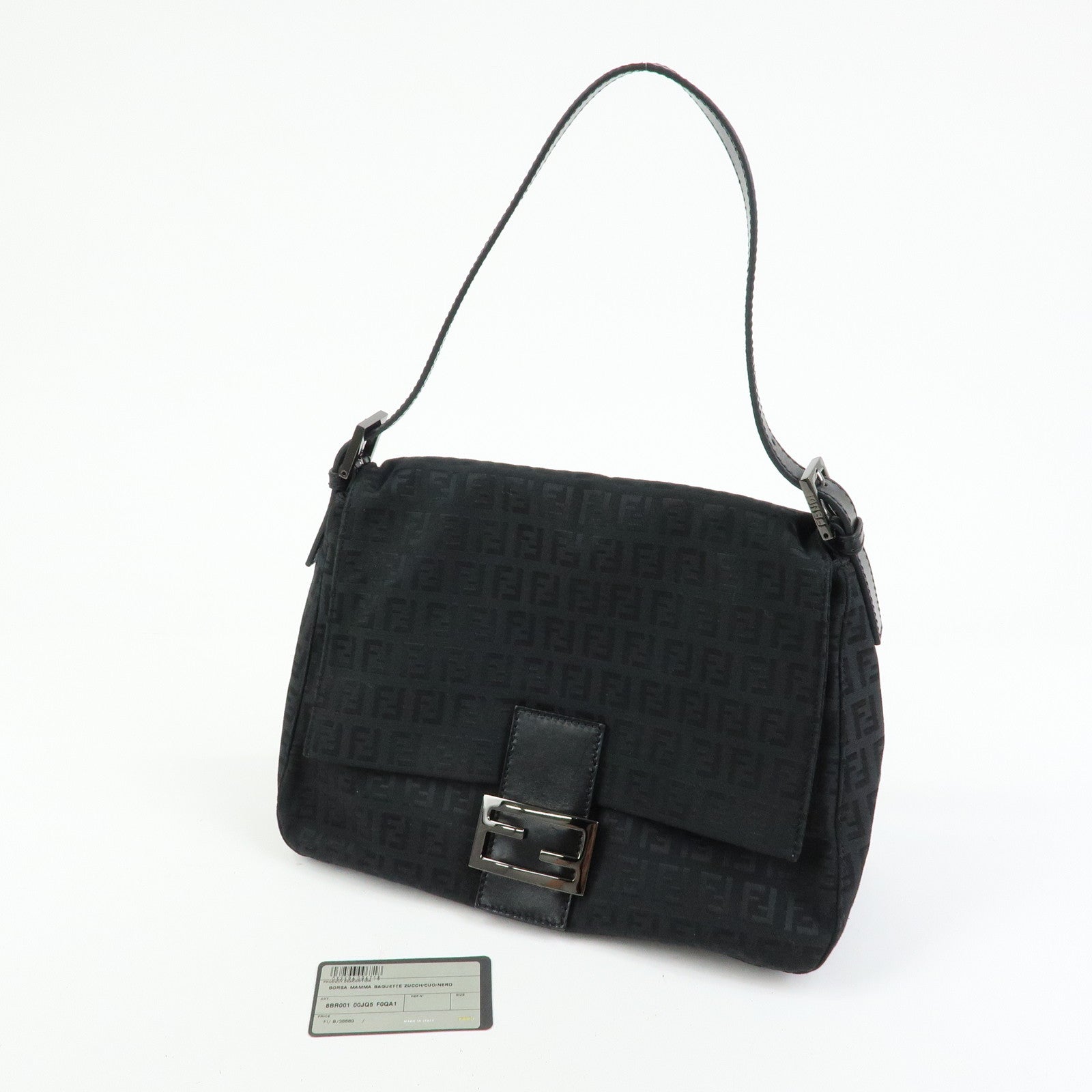 FENDI Mamma Baguette Zucchino Canvas Leather Shoulder Bag Black 8BR001