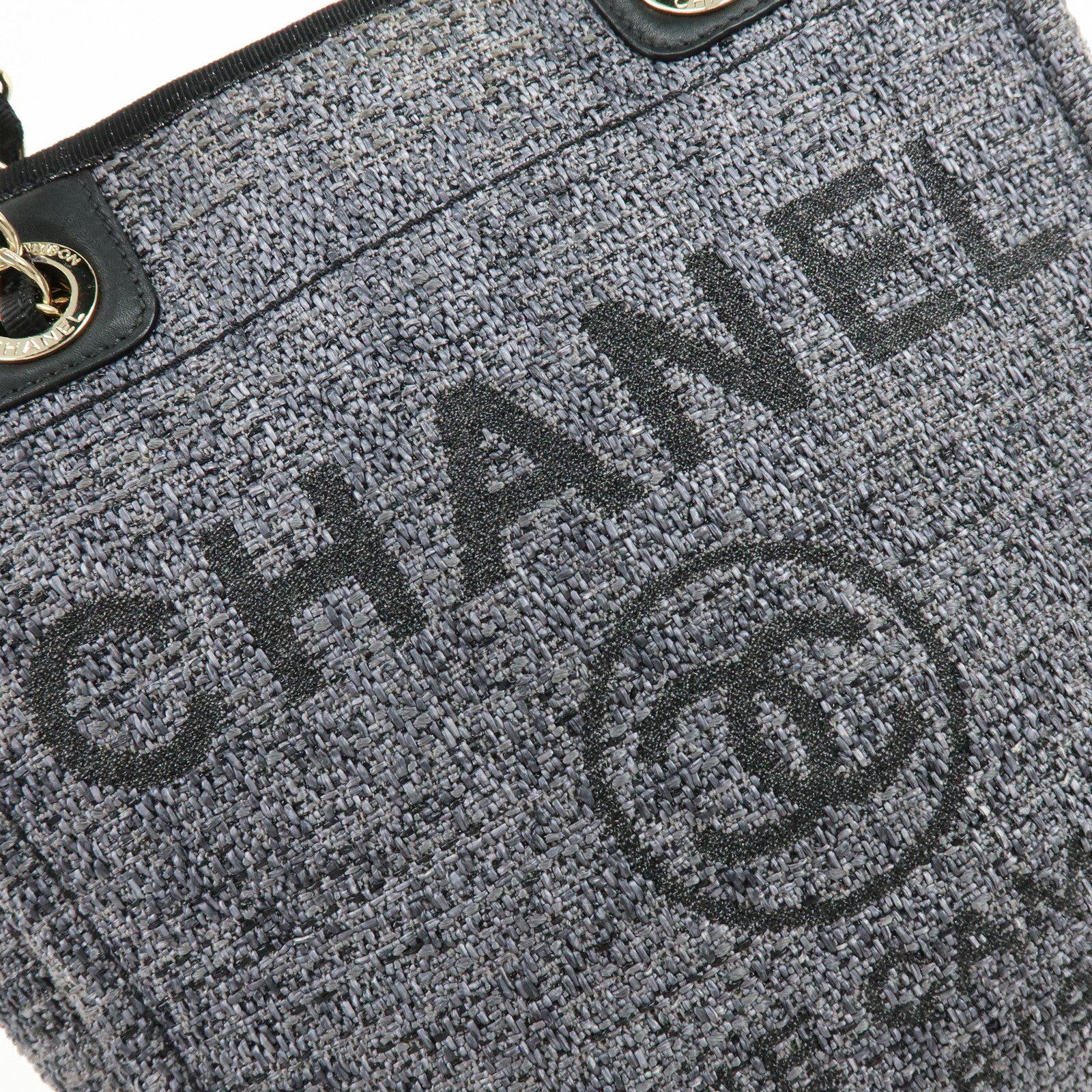 CHANEL Deauville PM Raffia Calf Leather Chain Tote Bag Black A66939