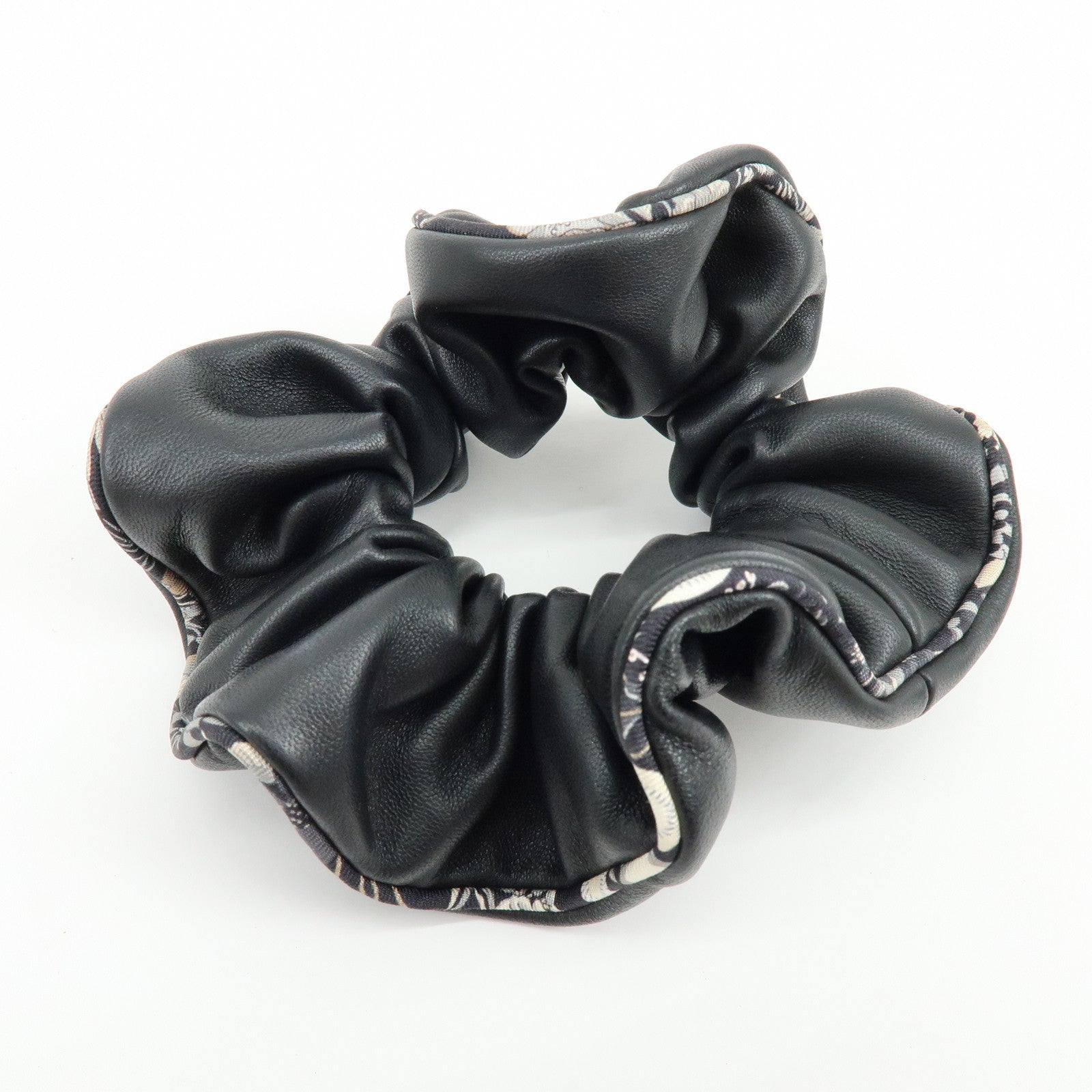 HERMES Agneau Milo Lamb Leather Scrunchie Hair Accessory Black White