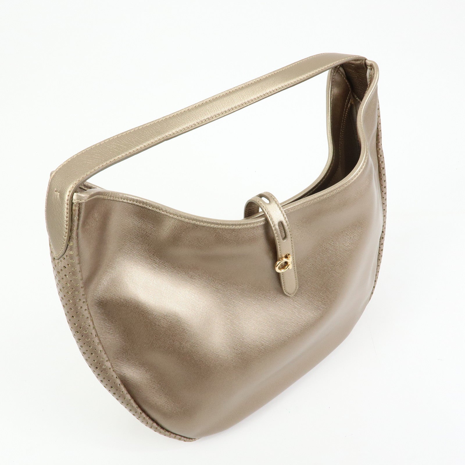 Ferragamo Gancini Leather Shoulder Bag Hand Bag Metallic Pink Beige