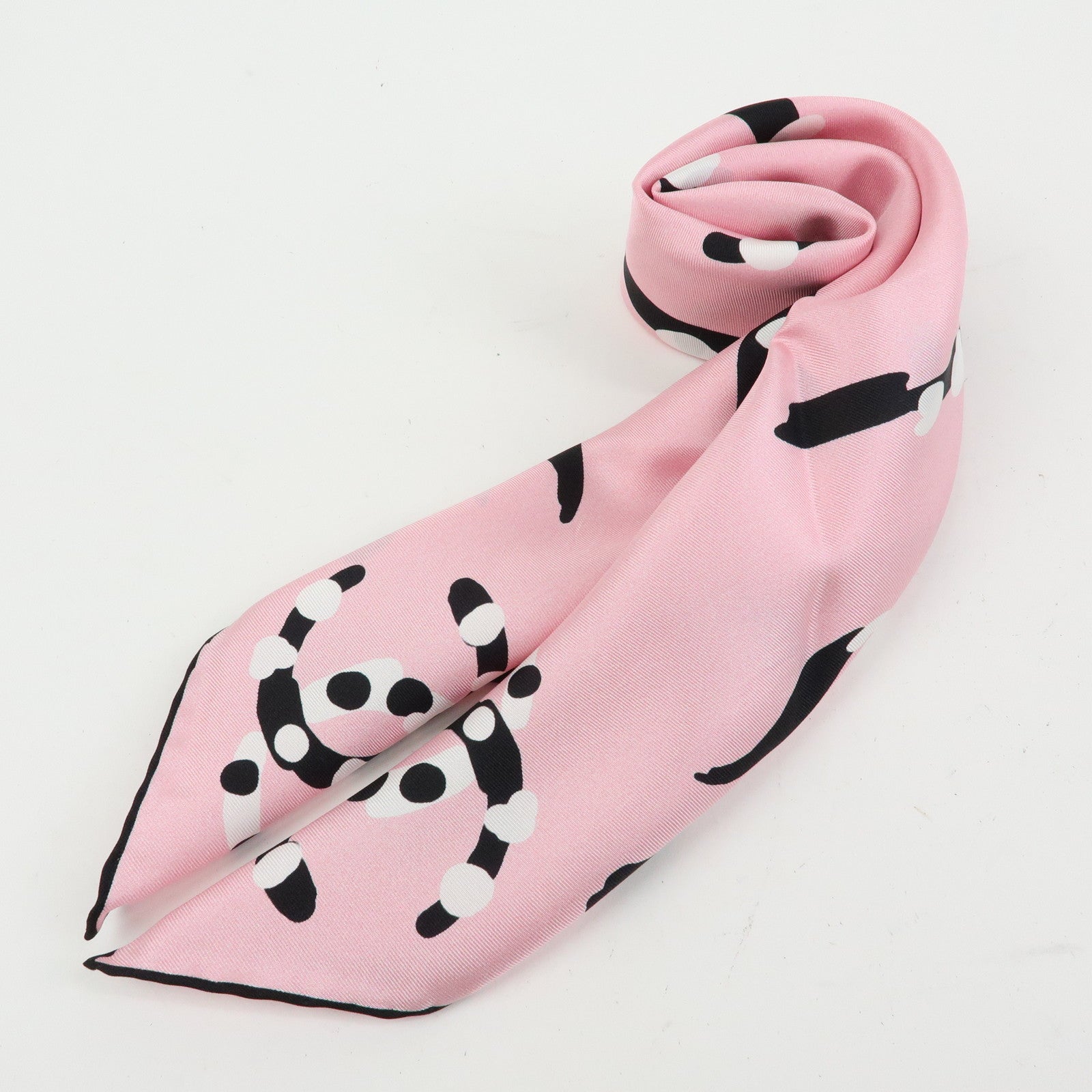 CHANEL COCO Mark Silk 100% Scarf Pink Black White