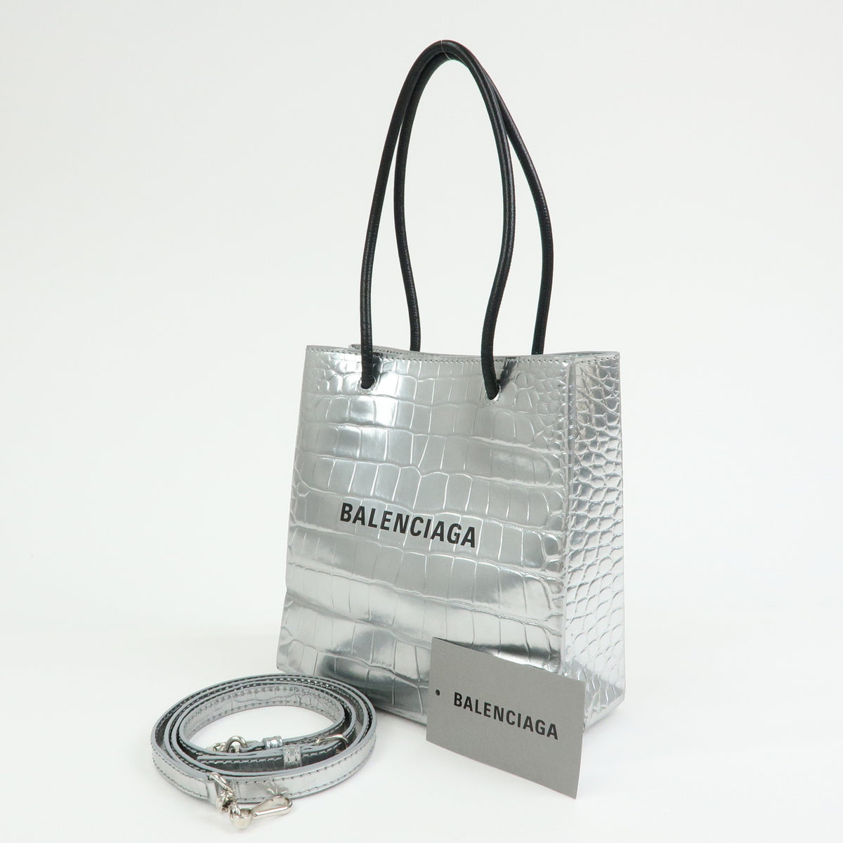 BALENCIAGA THE SHOPPING Leather 2Way Tote Hand Bag XXS Silver 597858