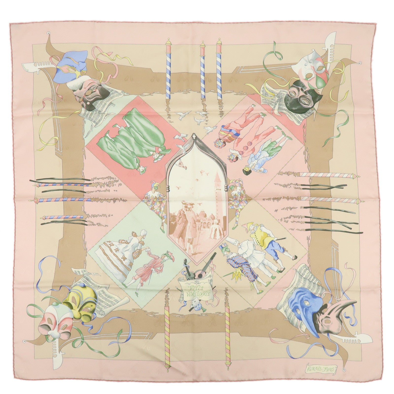HERMES Carre 90 Silk 100% Scarf LE CARNAVAL DE VENISE Beige Pink