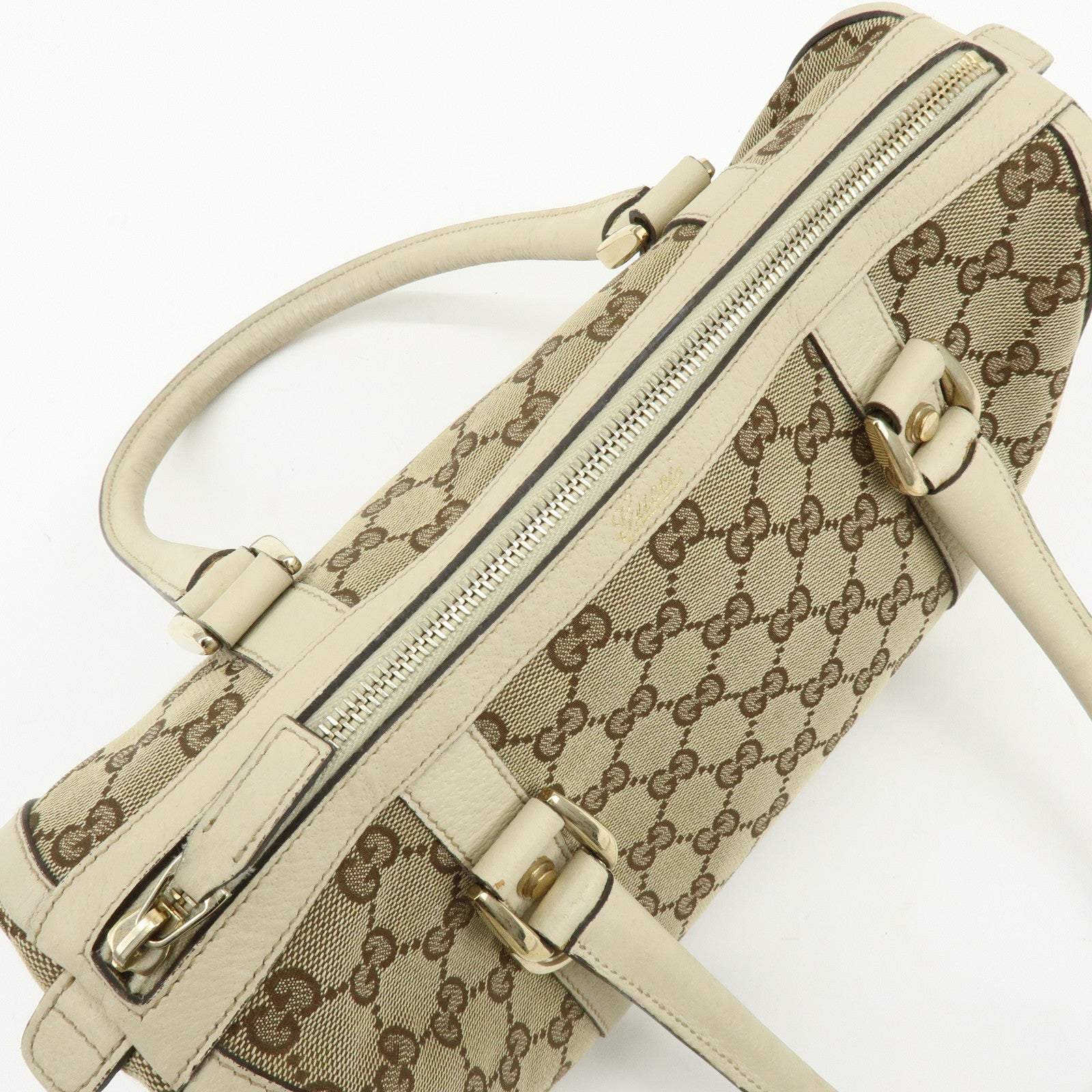 GUCCI Abbey GG Canvas Leather Boston Hand Bag Beige Ivory 130942