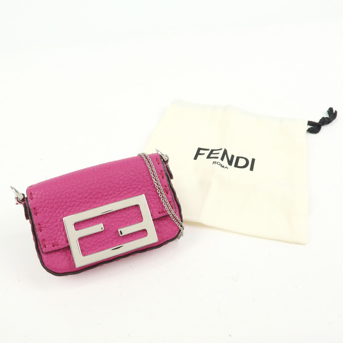 FENDI Nano Baguette  Leather Mini Chain Shoulder Bag Charm Pink 7AS045