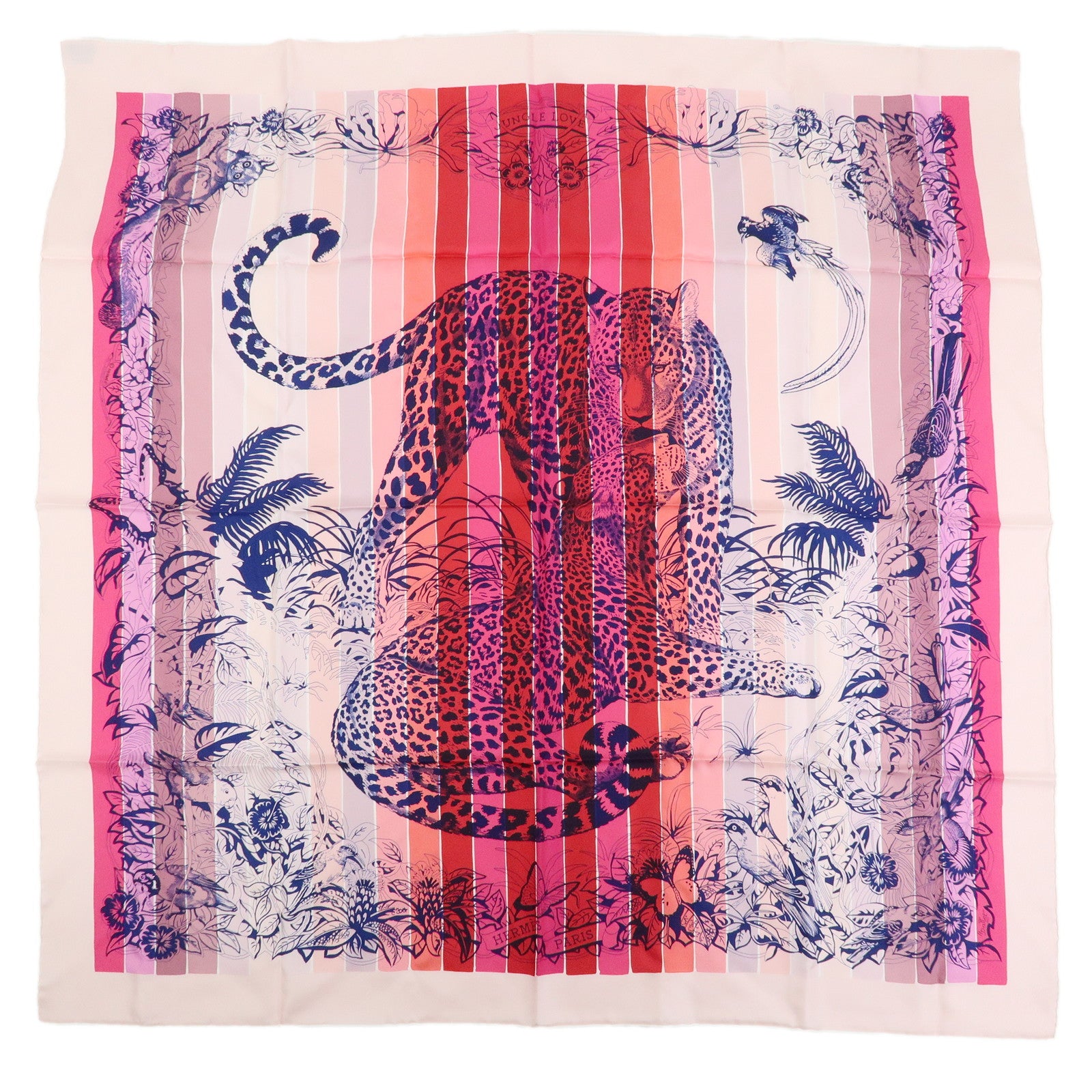 HERMES Carre 90 Silk 100% Scarf JUNGLE LOVE Stripe Pink Red Purple