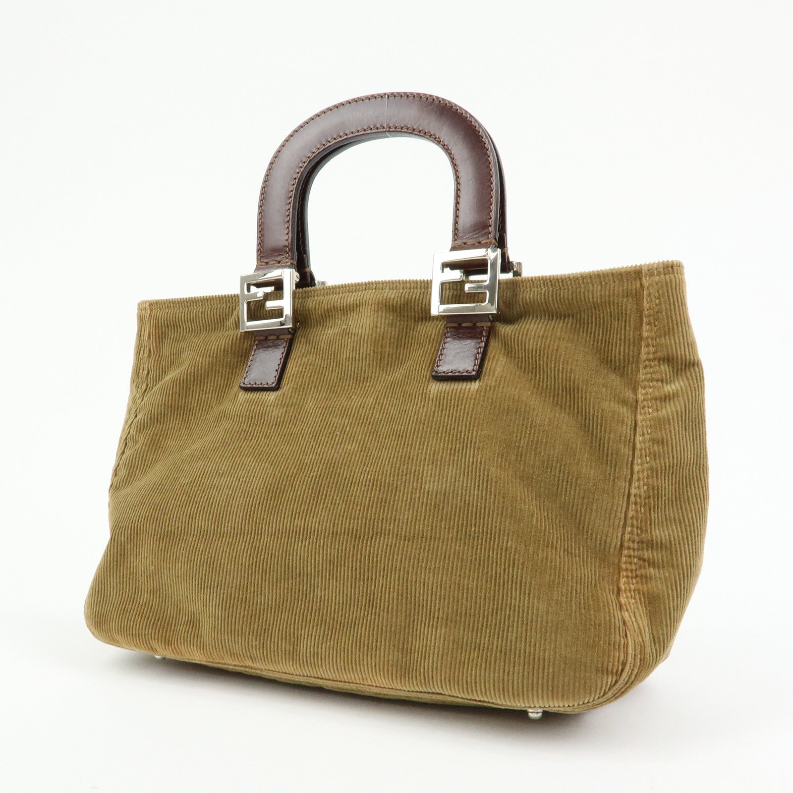 FENDI Corduroy Leather Hand Bag Mini Tote Bag Khaki 26693