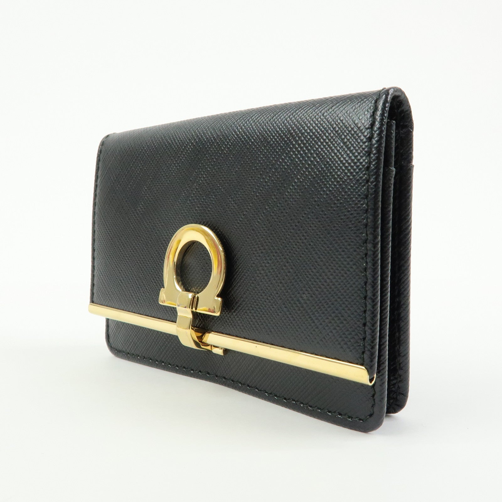 Ferragamo Gancini Embossed Leather Card Case Card Holder Black