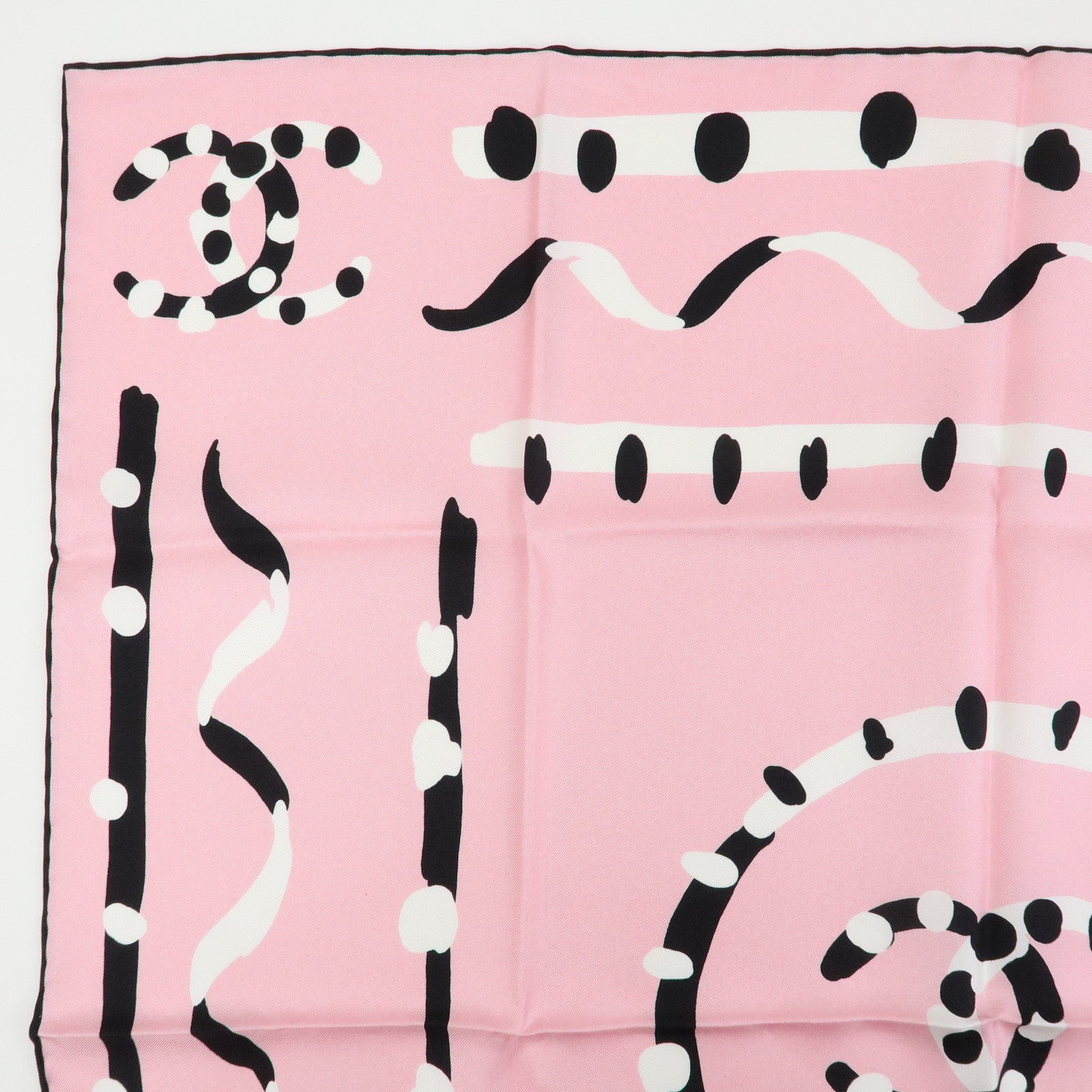 CHANEL COCO Mark Silk 100% Scarf Pink Black White