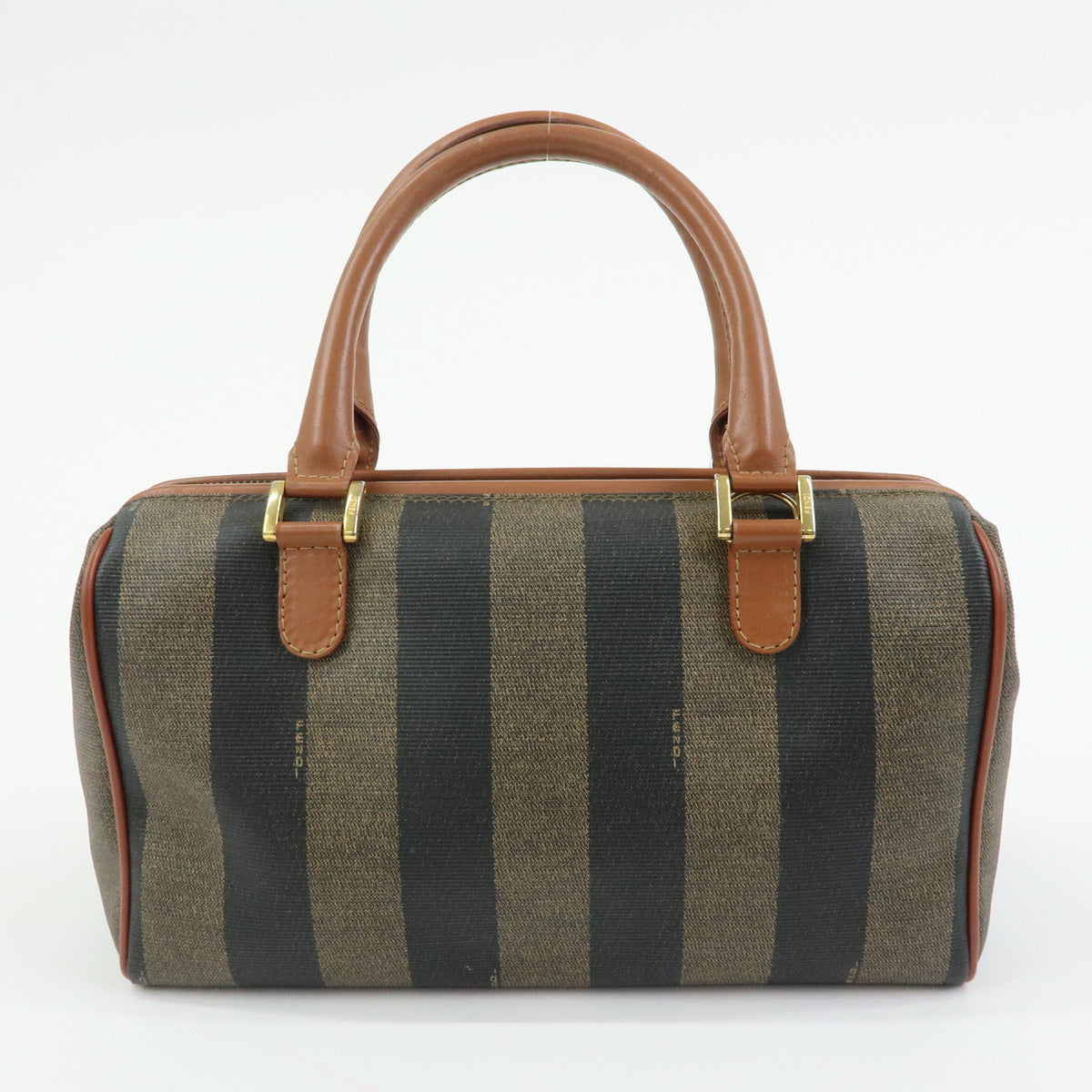 FENDI Pequin PVC Leather Boston Bag Hand Bag Brown Beige Black