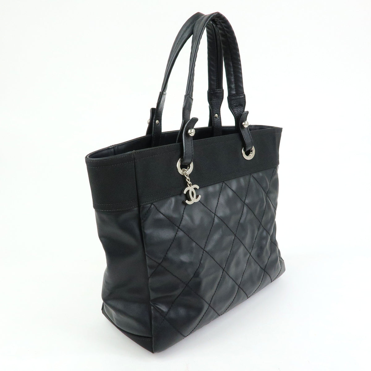 CHANEL Paris Biarritz MM Leather Canvas Tote Bag Hand Bag Black A34209