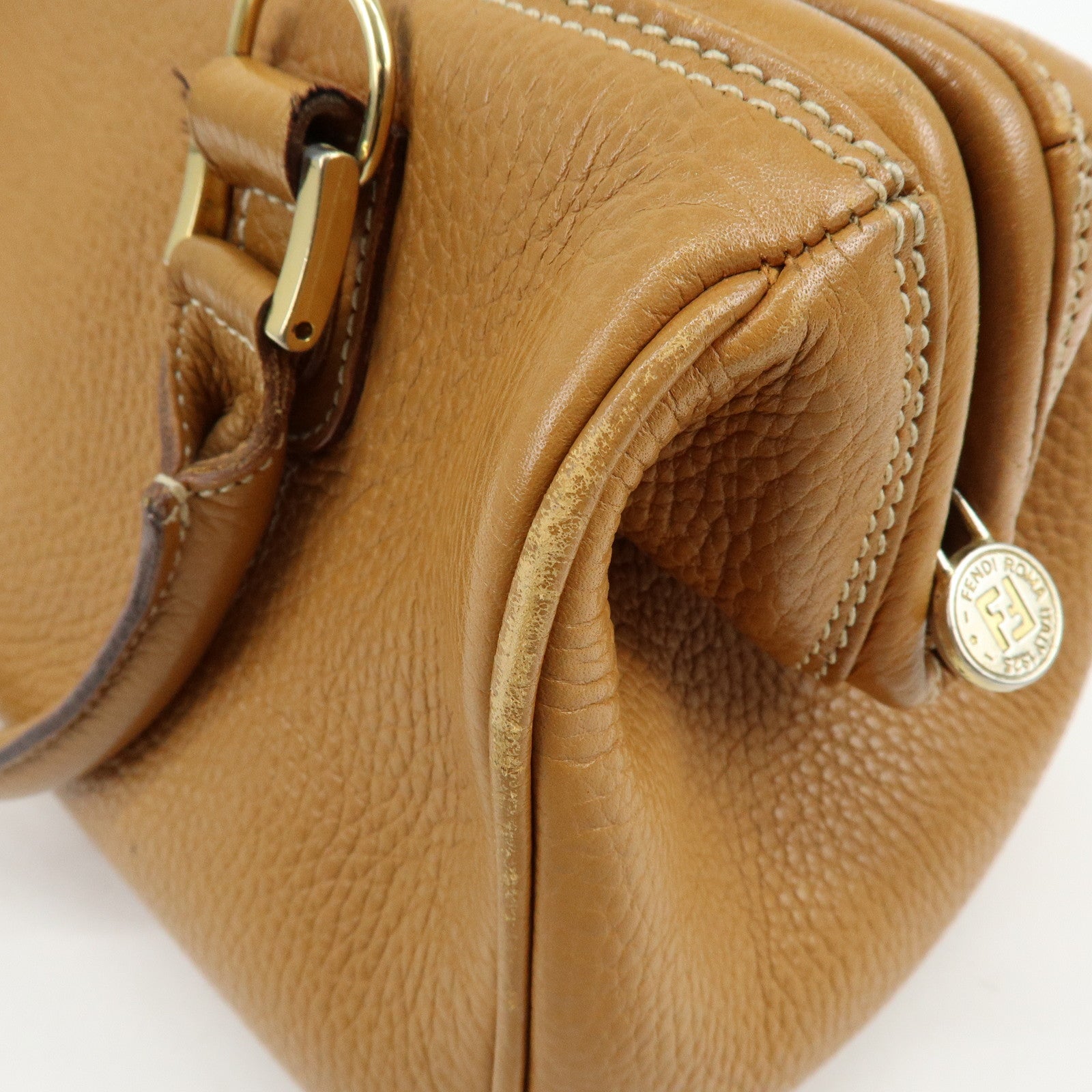 FENDI FF Logo Leather 2Way Bag Hand Bag Boston Bag Camel