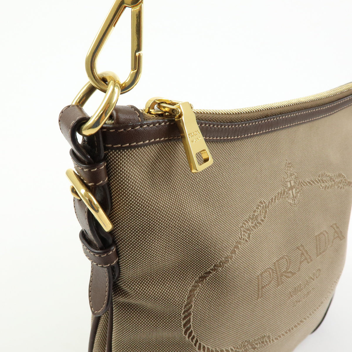 PRADA Jacquard Canvas Leather Shoulder Bag Crossbody Bag Beige Brown