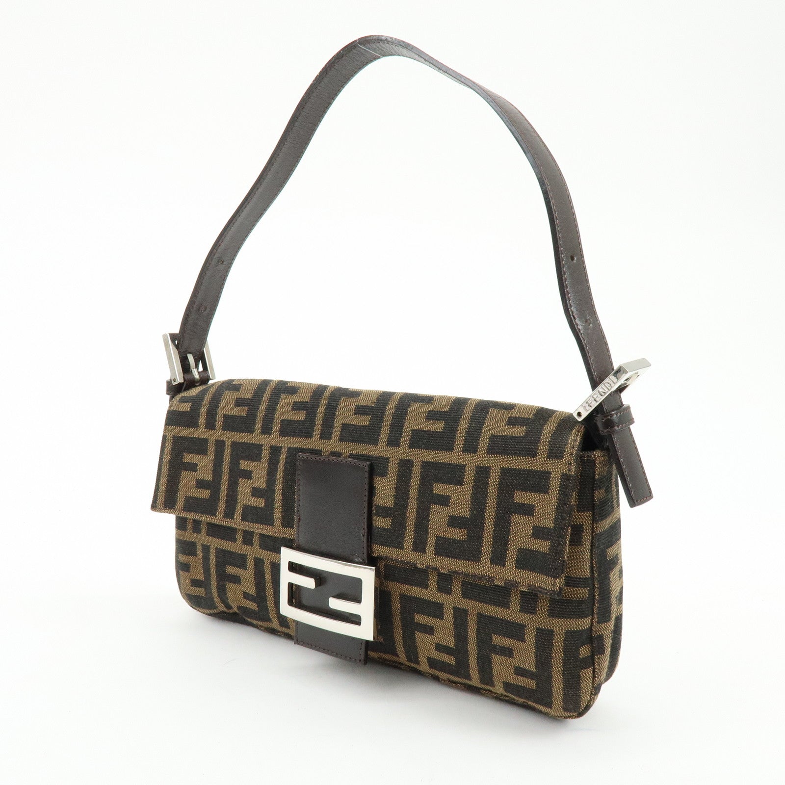 FENDI Mamma Baguette Jacquard Canvas Leather Shoulder Bag Brown 26424