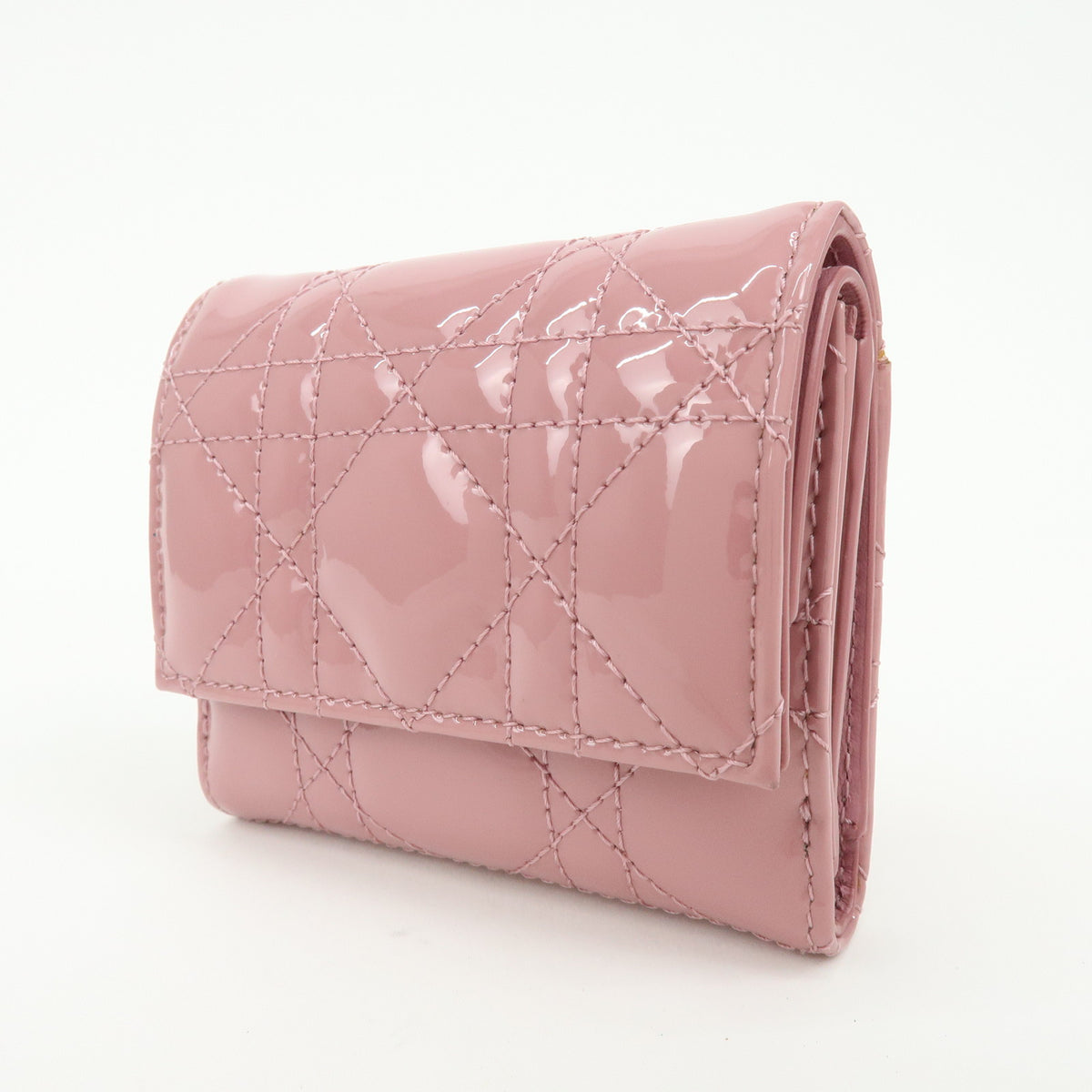 Christian Dior Cannage Lady Dior Patent Leather Compact Wallet Pink
