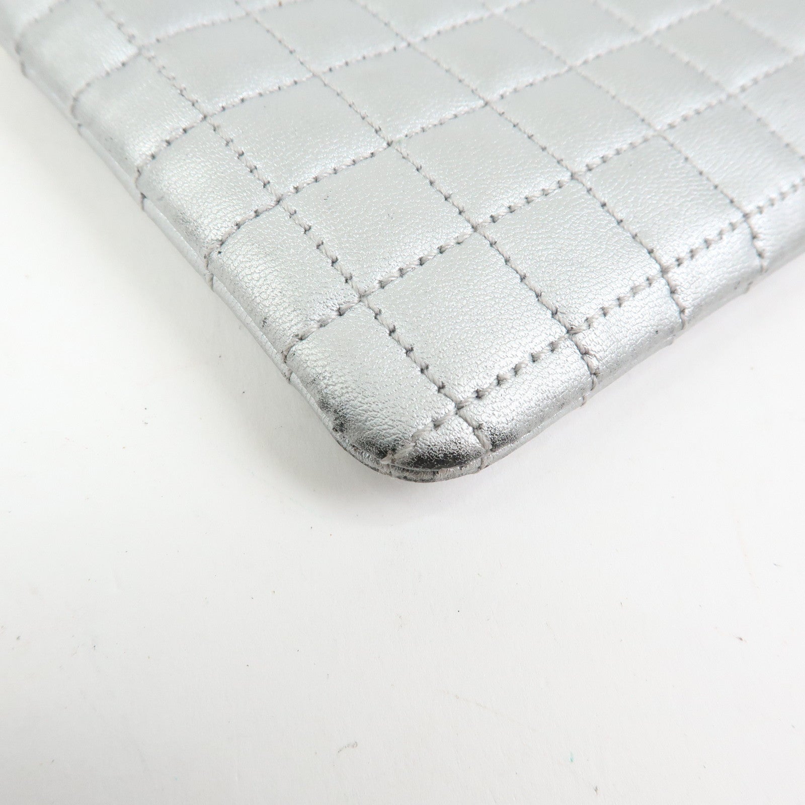 CELINE Leather C Charm Coin Case Coin Purse Metallic Silver