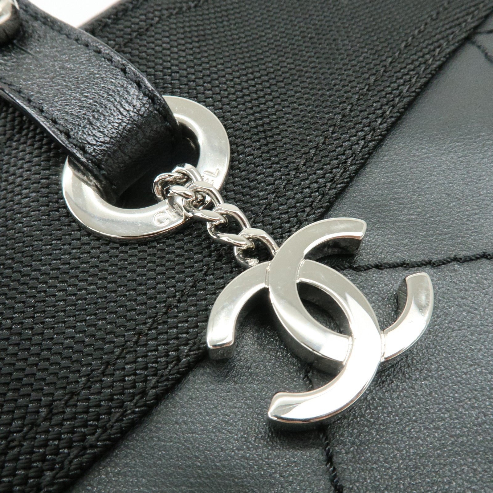 CHANEL Paris Biarritz COCO Mark Leather Canvas Tote Bag Black A34209