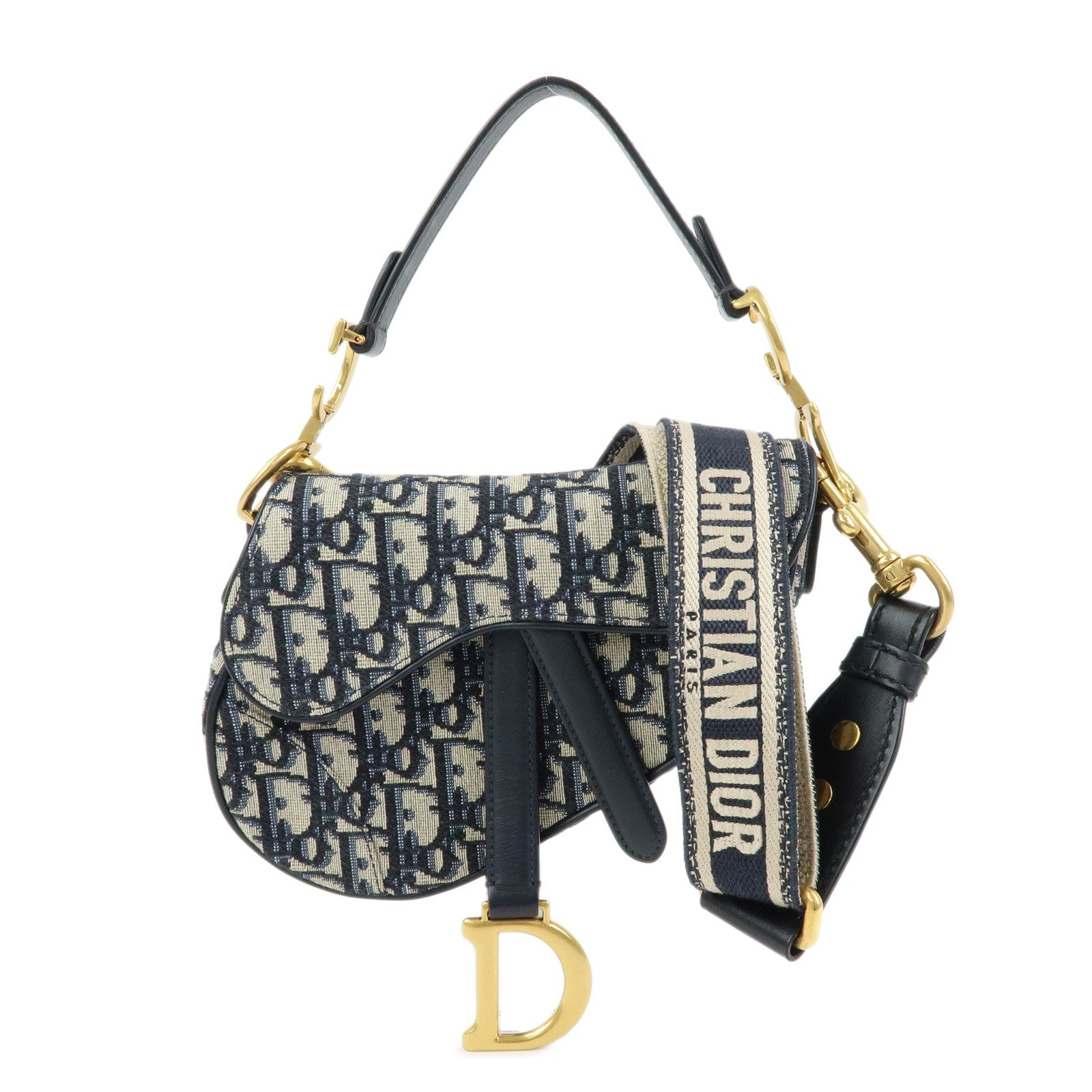 Christian Dior Saddle Bag Oblique Mini Jaquard Leather 2Way Bag Navy