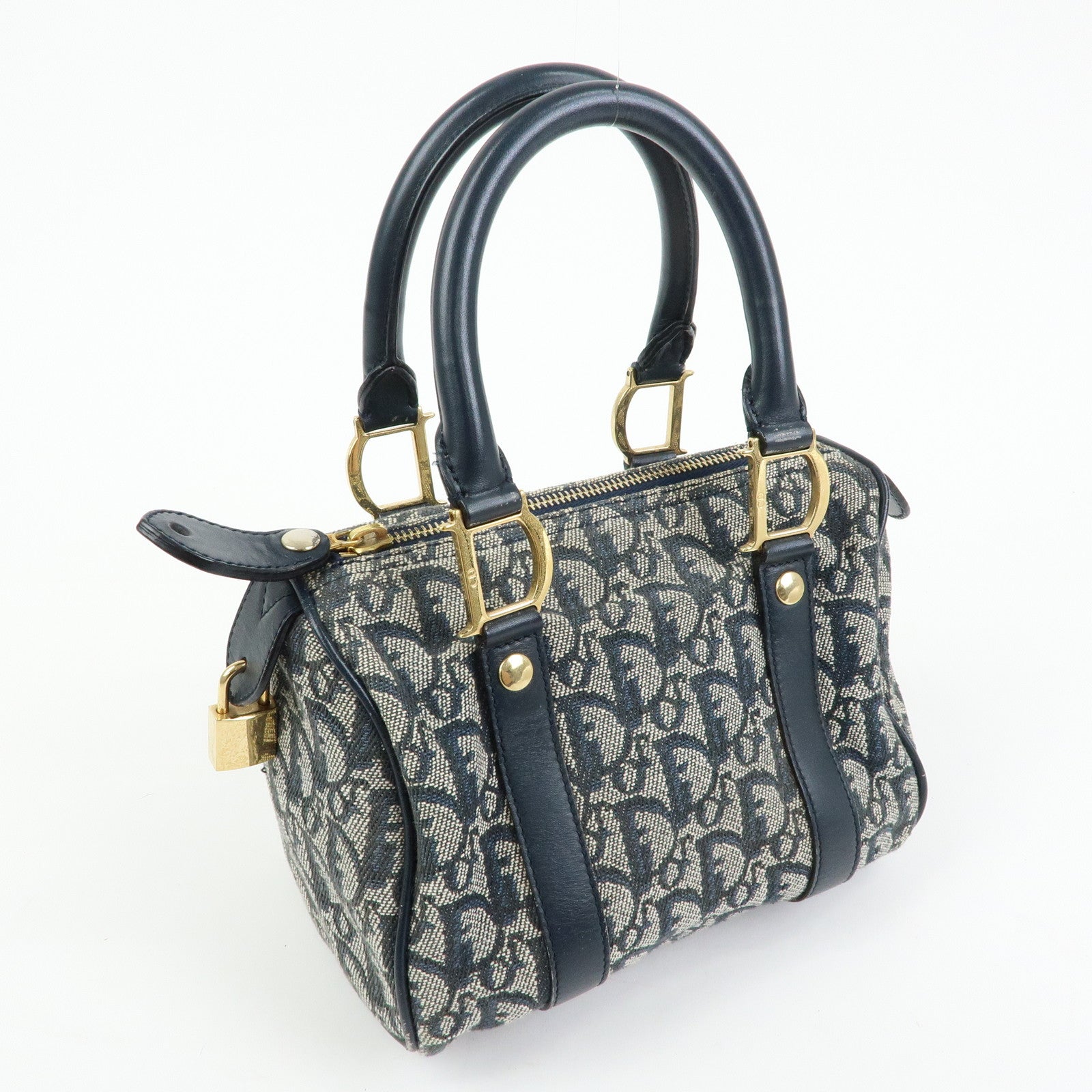 Christian Dior Trottern Jacquard Leather Mini Boston Bag Hand Bag Navy