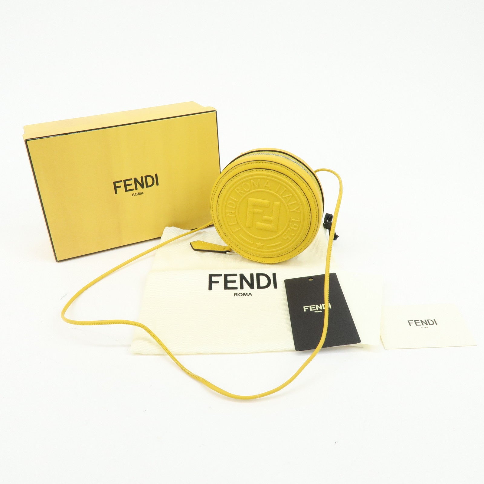 FENDI FF Logo Leather Round Zip Shoulder Bag Yellow 7M0359