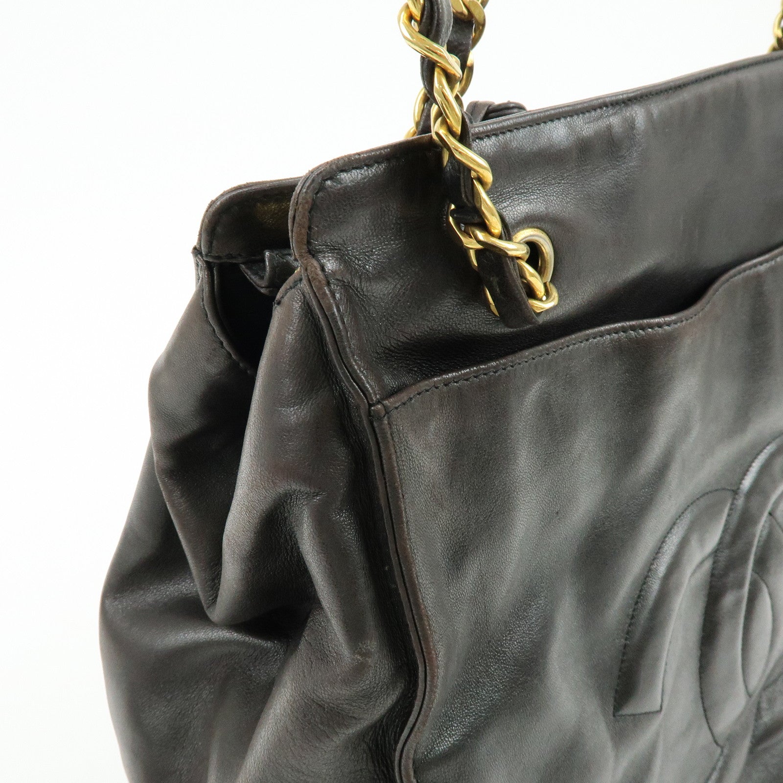 CHANEL COCO Mark Lamb Skin Chain Tote Bag Shoulder Bag  Black