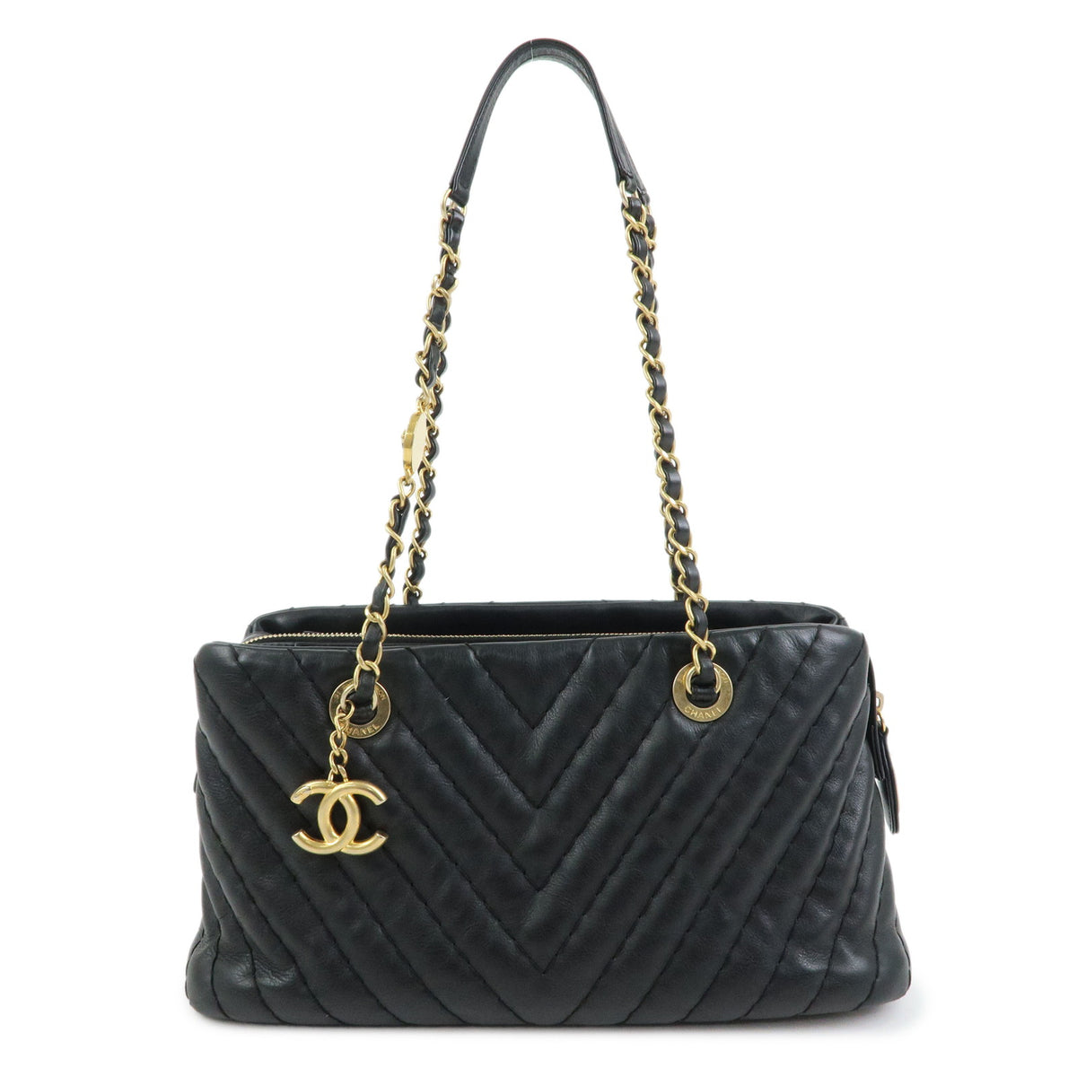 CHANEL Calf Skin V Stich Shevron Chain Shoulder Bag Tote Bag Black