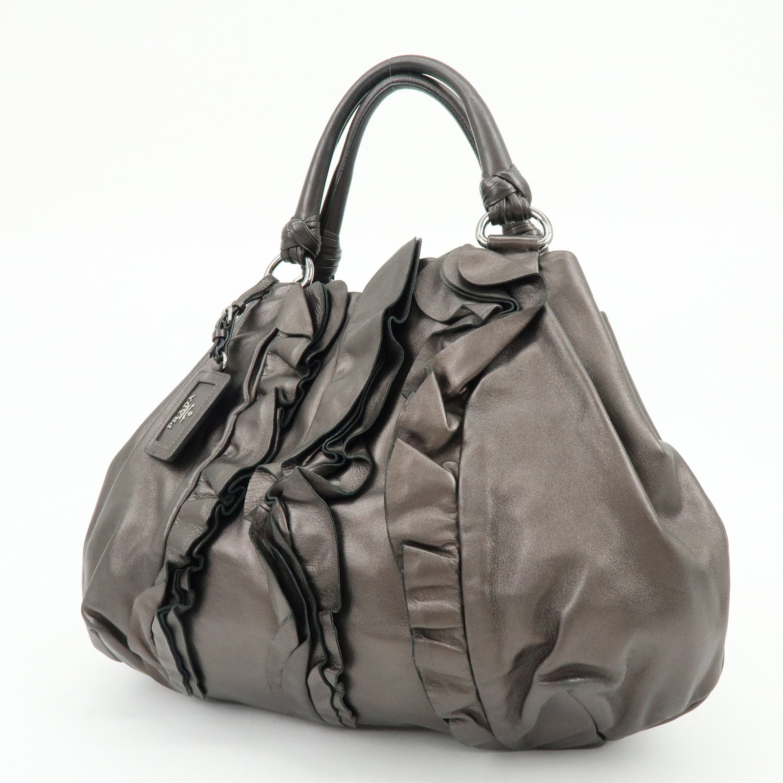 PRADA Gathered Nappa Leather Tote Bag Hand Bag Brown